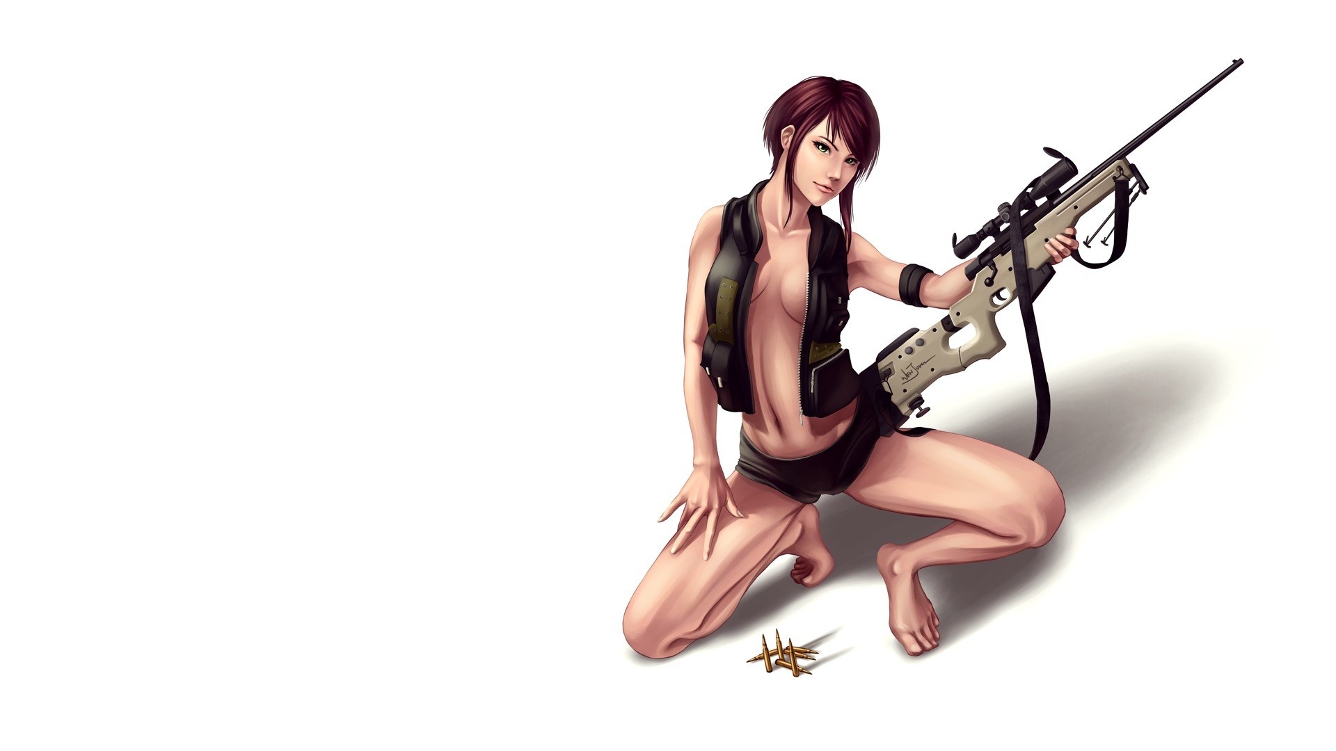 General 1920x1080 artwork sniper rifle kneeling simple background white background panties boobs weapon Remington 700 bipod telescopic sight spread legs girls with guns barefoot ammunition belly pants women American firearms