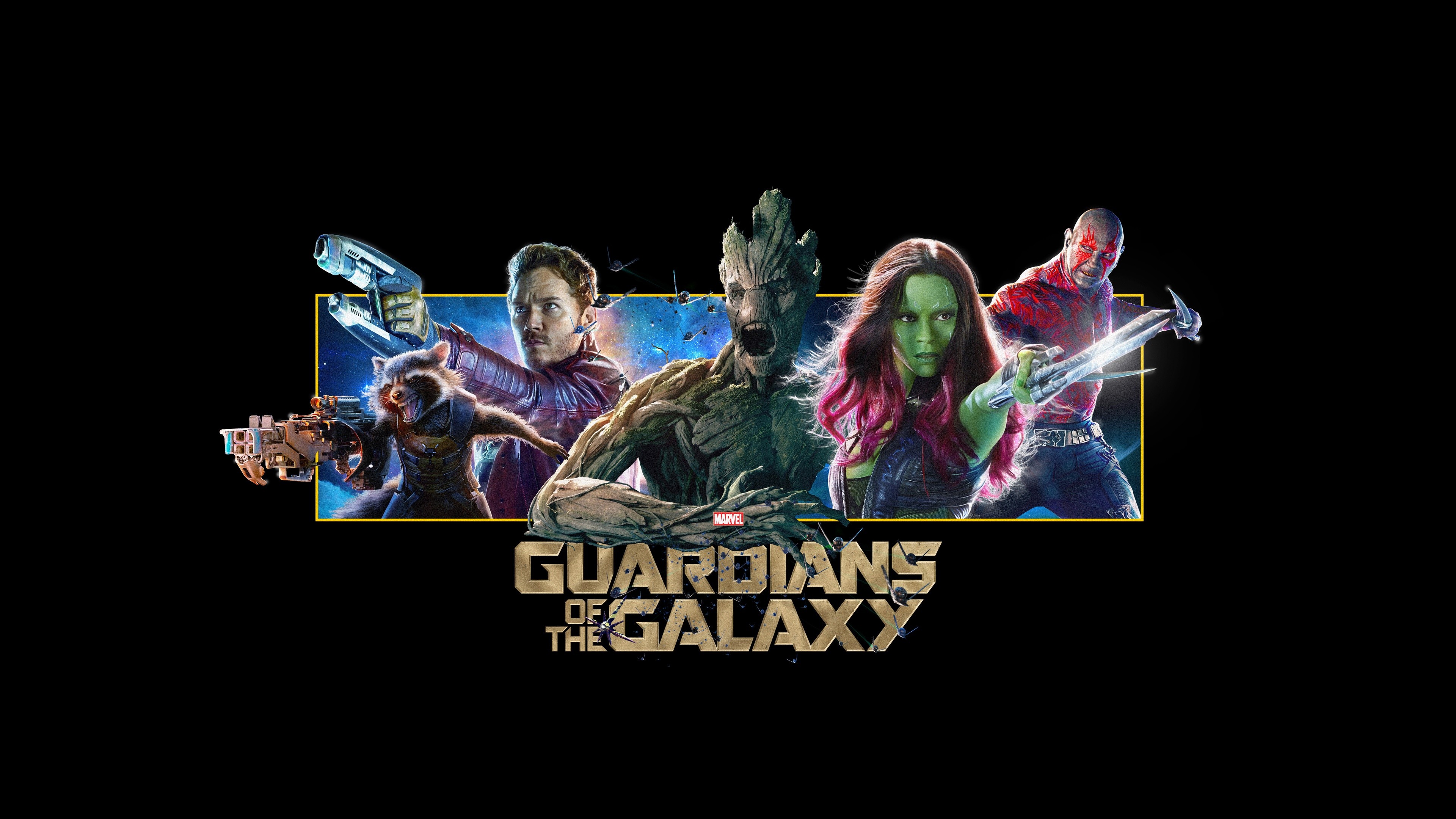 General 3840x2160 Guardians of the Galaxy Marvel Cinematic Universe movies Star-Lord Groot simple background logo black background digital art