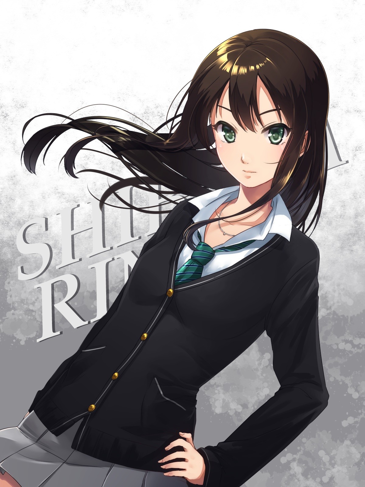 Anime 1200x1600 anime anime girls Shibuya Rin THE iDOLM@STER THE iDOLM@STER: Cinderella Girls sweater green eyes long hair women Pixiv tie skirt black clothing hair in face gray background simple background looking at viewer brunette