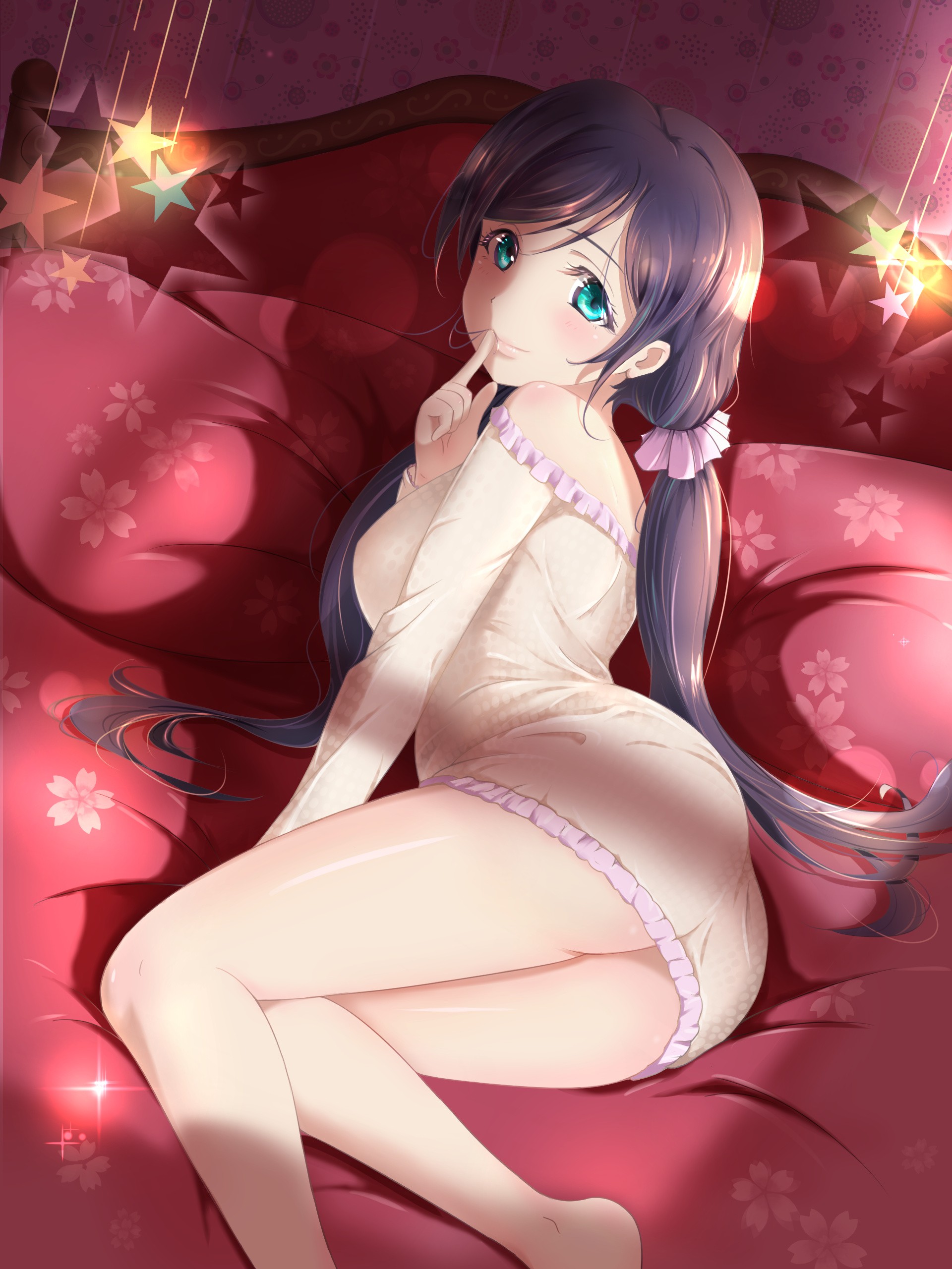 Anime 1920x2560 anime anime girls Love Live! Toujou Nozomi long hair ass legs Xiao Ren Pixiv women indoors indoors in bed bed bedroom aqua eyes lingerie thighs legs together