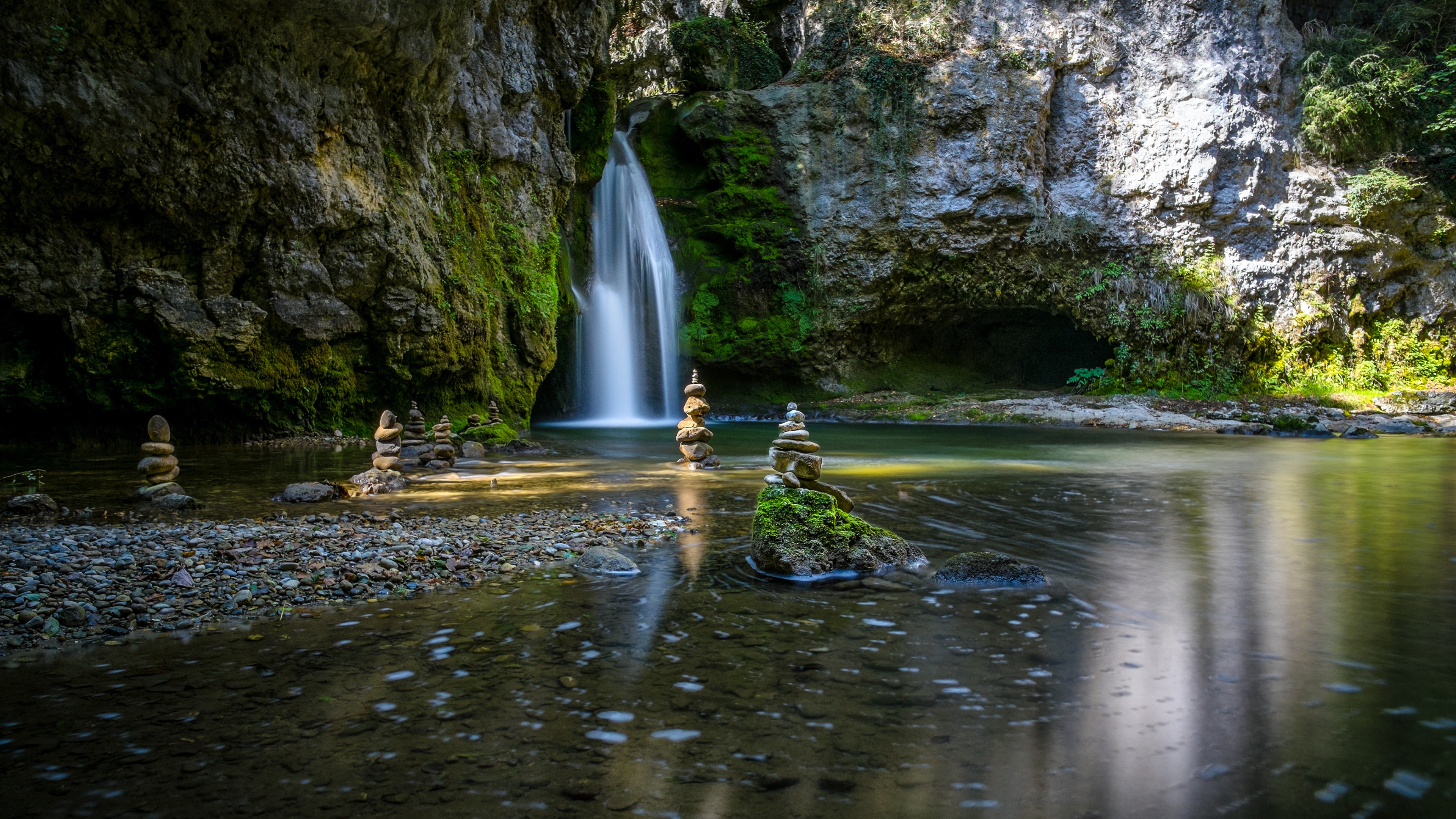 General 3840x2160 nature water stones reflection waterfall rocks La Tine De Conflens Switzerland