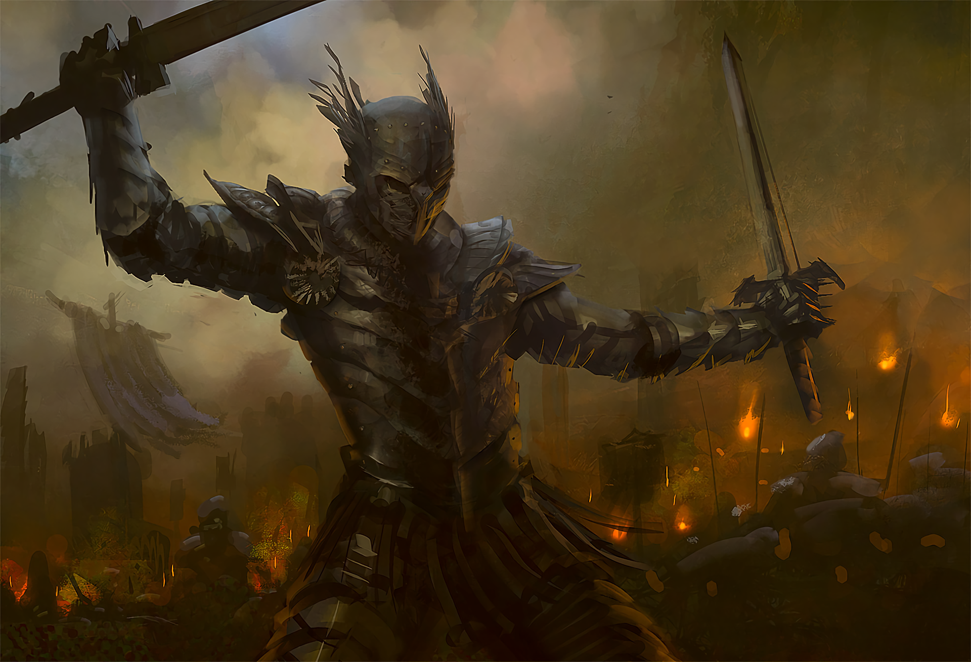 General 1920x1309 artwork warrior fire sword armor fantasy art