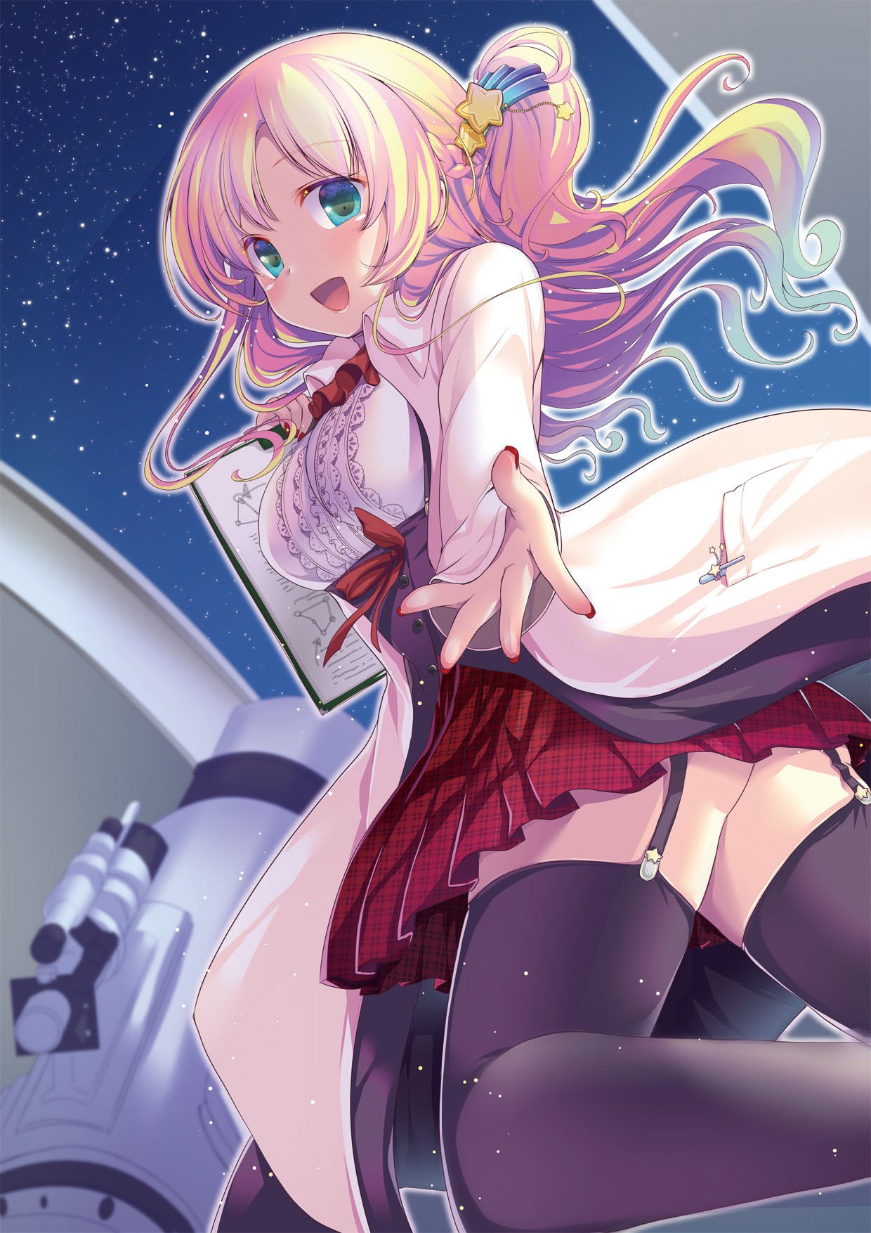 Anime 1240x1754 anime anime girls long hair pink hair green eyes stockings night stars telescope scientists thigh-highs