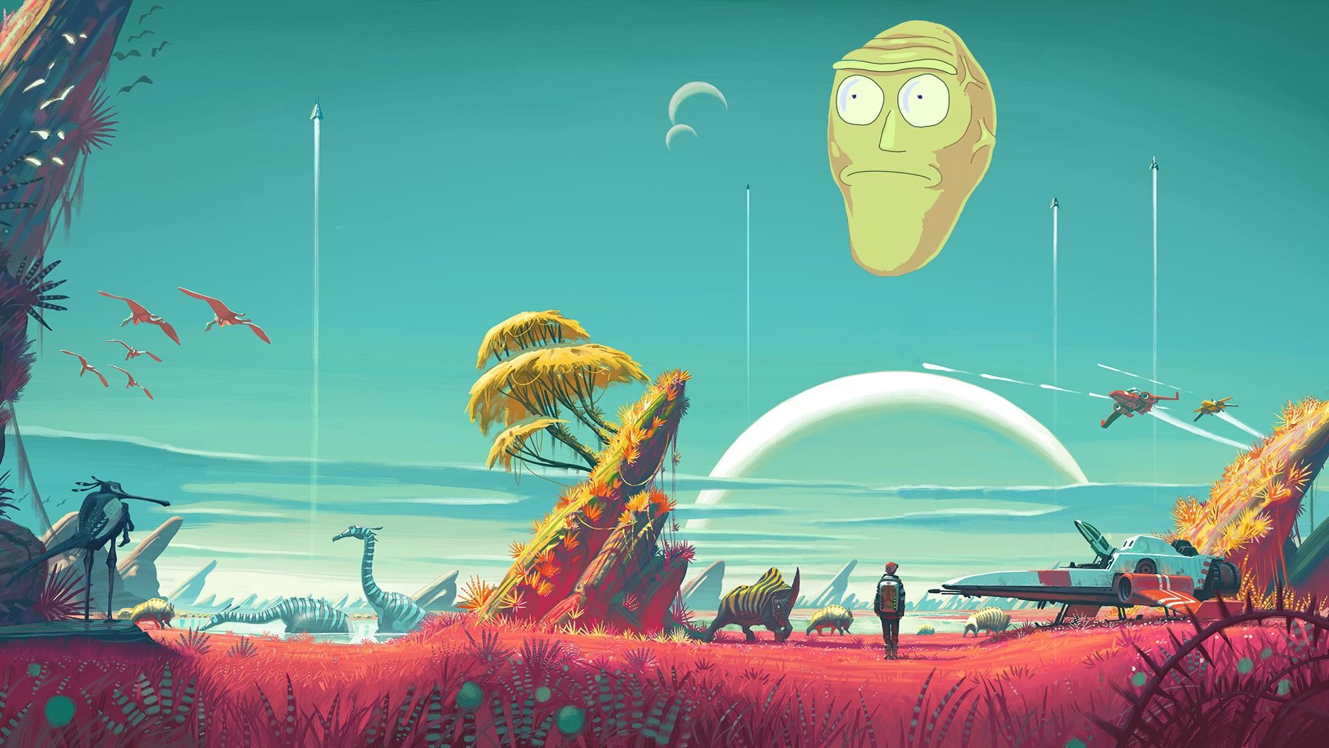 General 1920x1080 fan art Rick and Morty No Man's Sky humor floating heads crossover