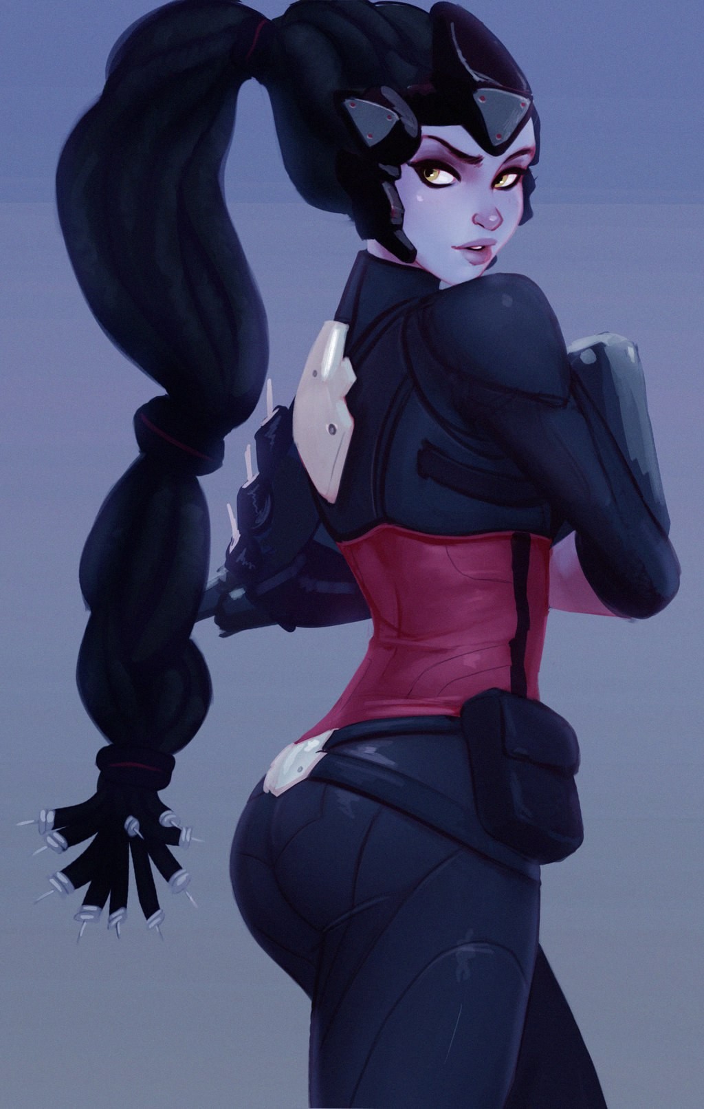 Anime 1024x1612 Overwatch digital art artwork Widowmaker (Overwatch) black hair video games PC gaming women simple background blue background video game girls video game characters ass