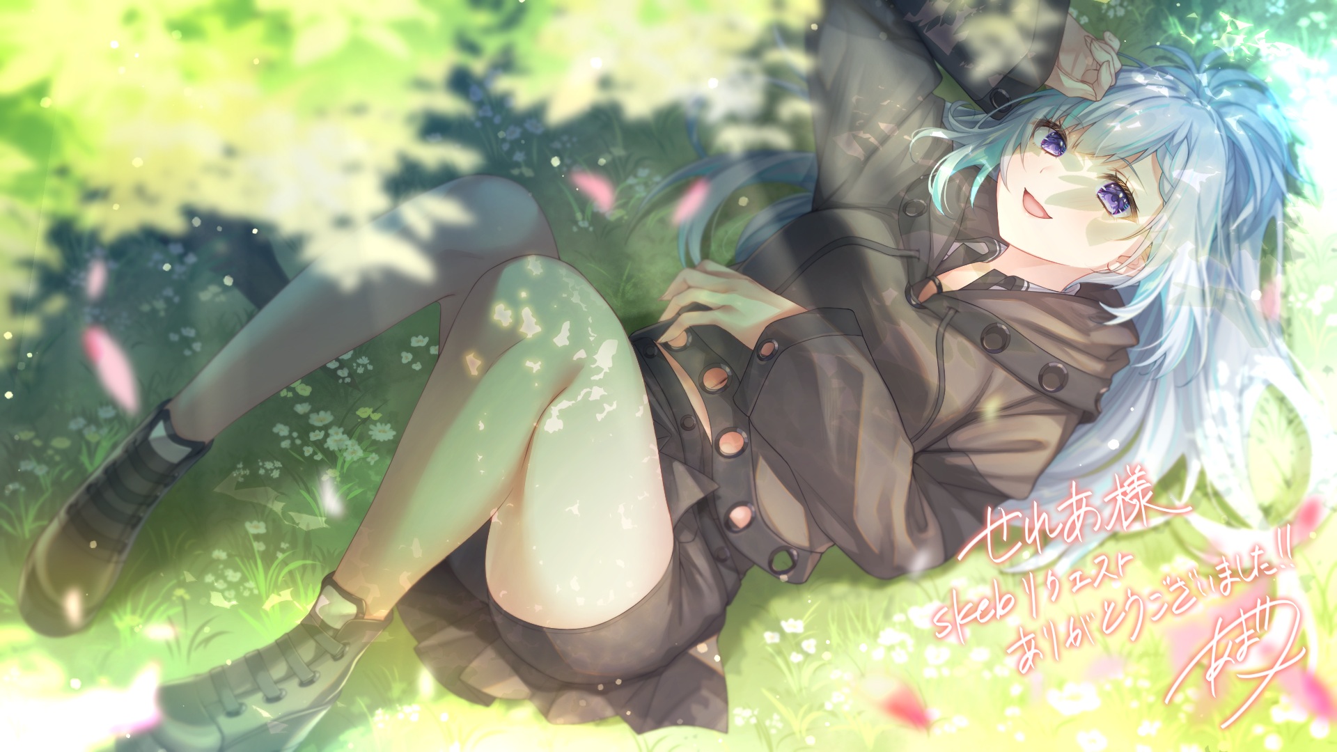 Anime 1920x1080 anime anime girls lying down lying on back blue hair blue eyes looking at viewer grass sunlight Japanese petals long hair boots