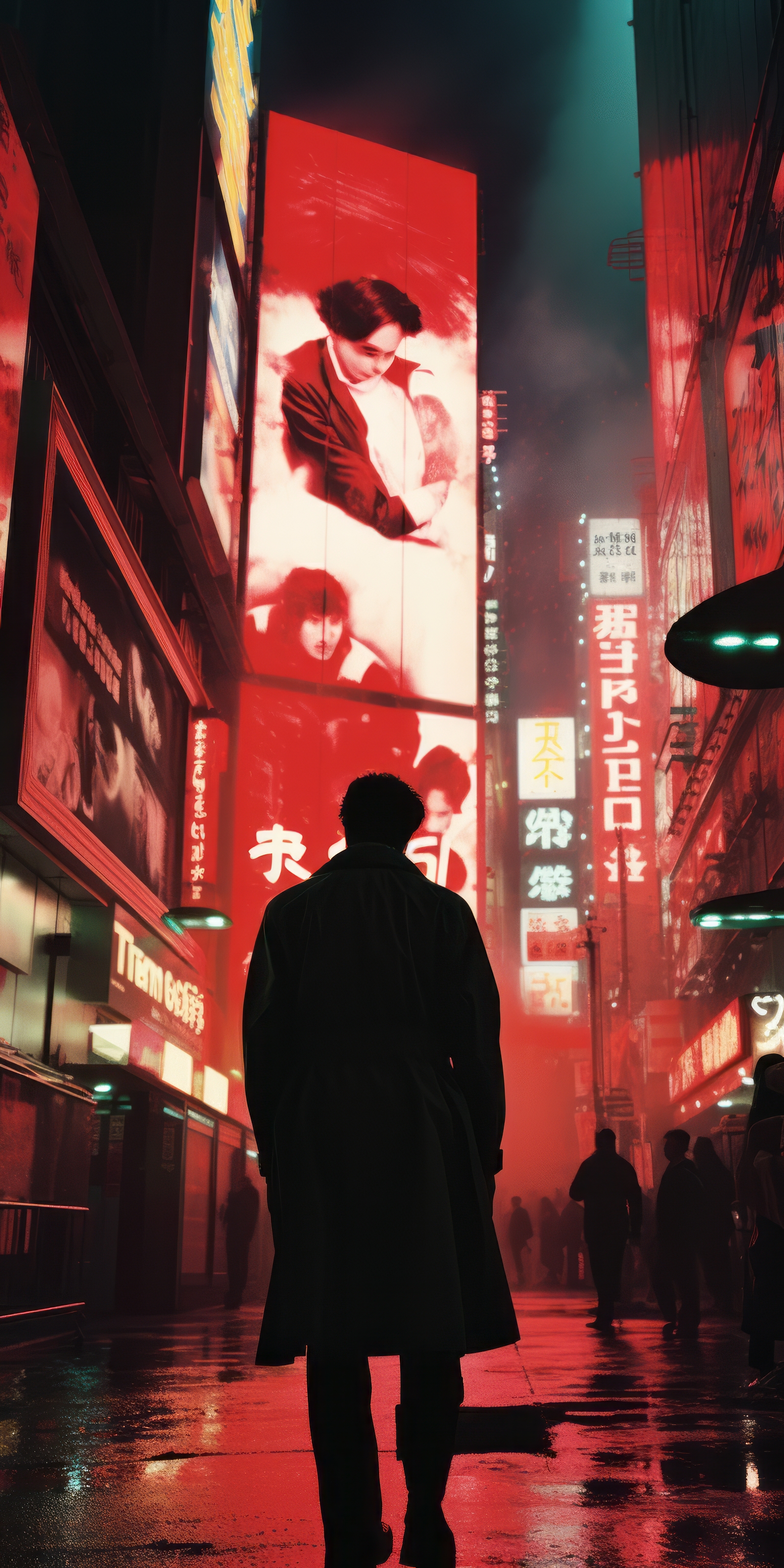 General 1536x3072 AI art cyberpunk men Tokyo portrait display digital art silhouette standing signs lights Japanese reflection