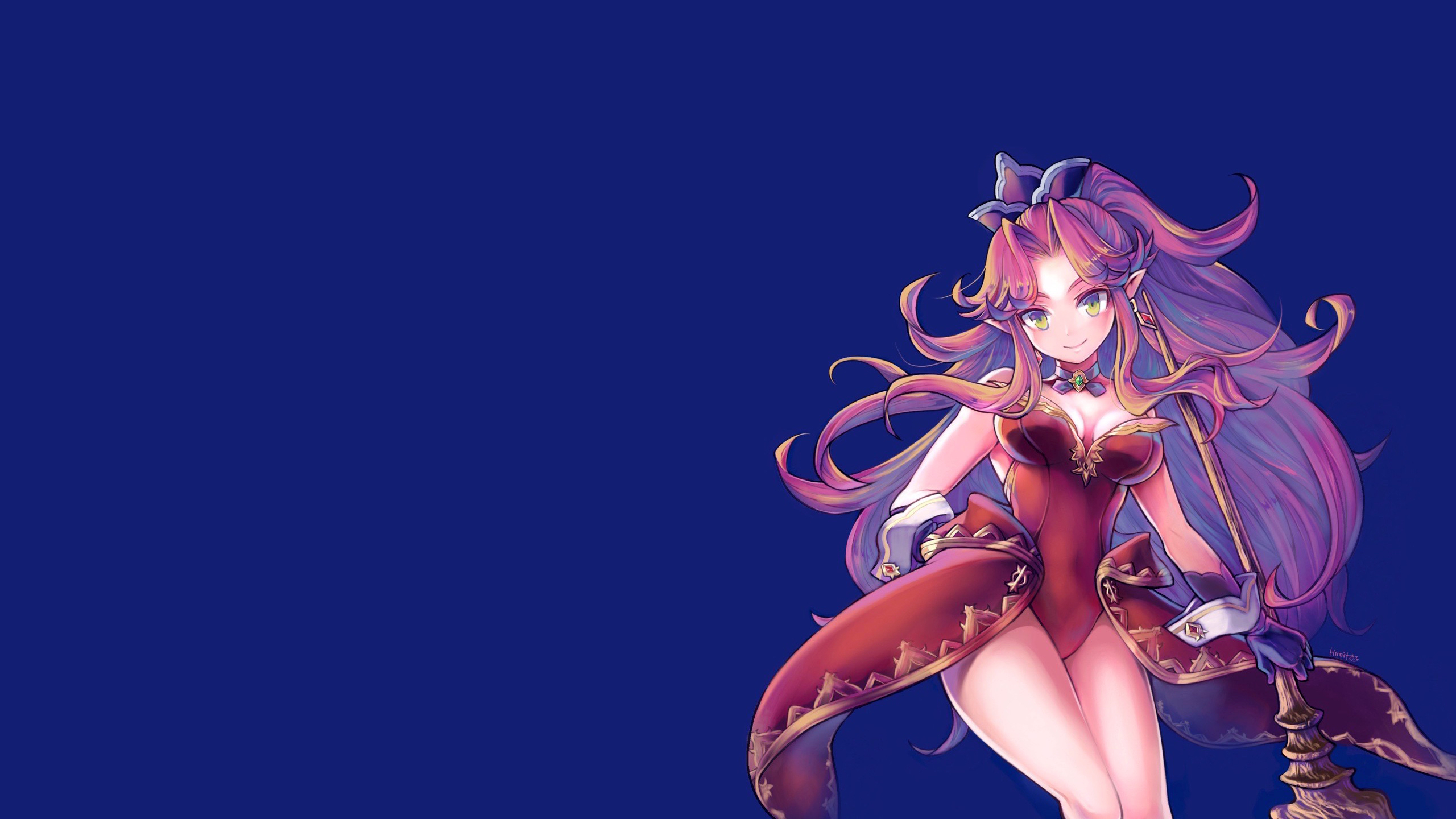 Anime 2560x1440 Angela (Trials of Mana) Trials of Mana video games video game girls retro games dress red dress SNES long hair staff purple hair pink hair gradient hair simple background crown bangs cleavage corset weapon magician sorceress witch green eyes choker jewel jewelry thighs thighs together cuffs sleeveless cuffs smiling looking at viewer blue background