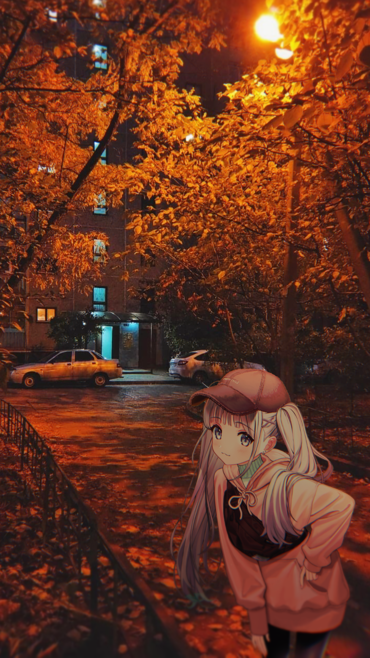 Anime 1246x2216 animeirl neighborhood anime girls portrait display long hair fall hat vehicle jacket trees looking at viewer twintails ear piercing