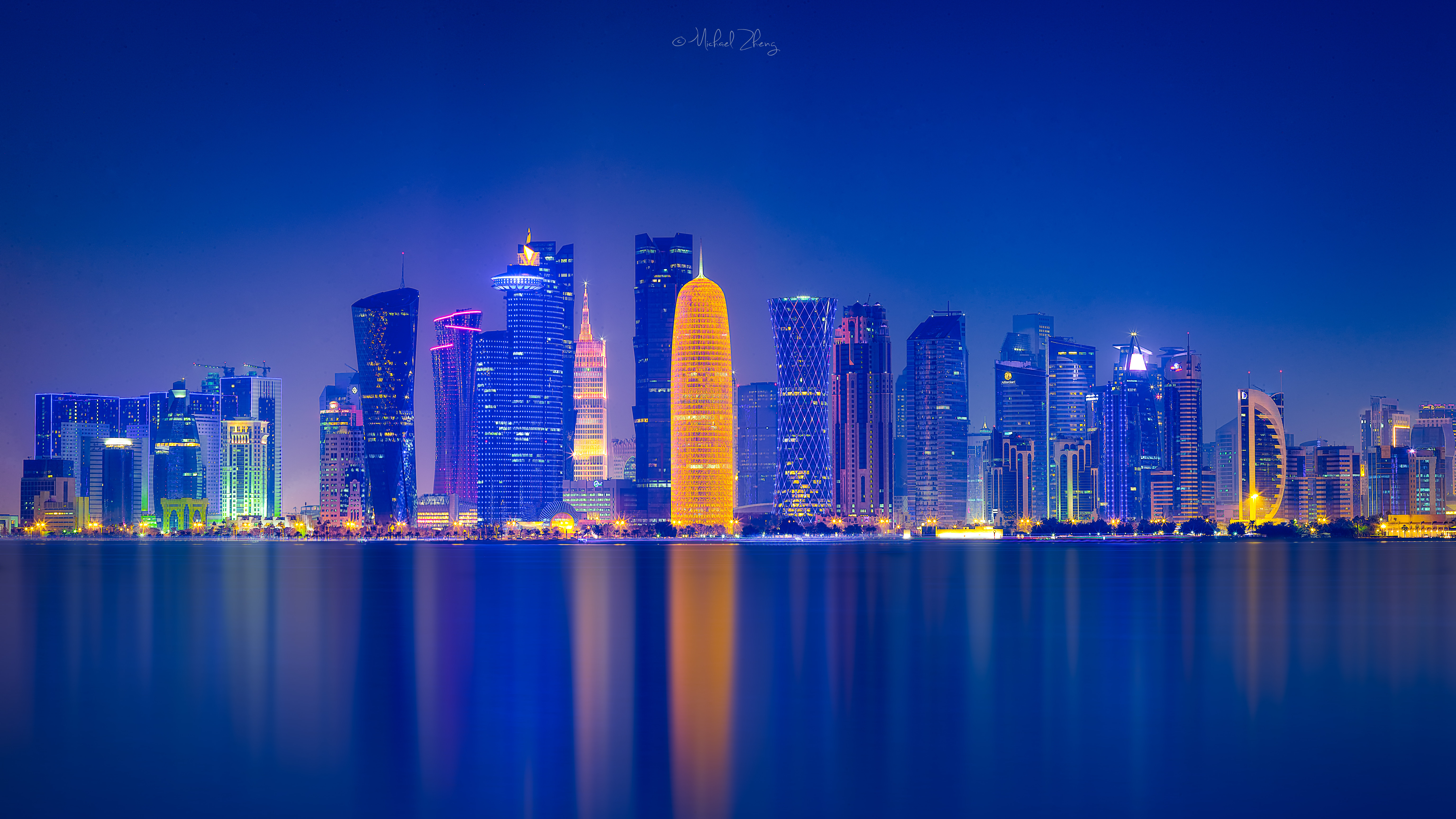 General 6144x3456 urban Qatar Doha landscape city lights reflection night photography