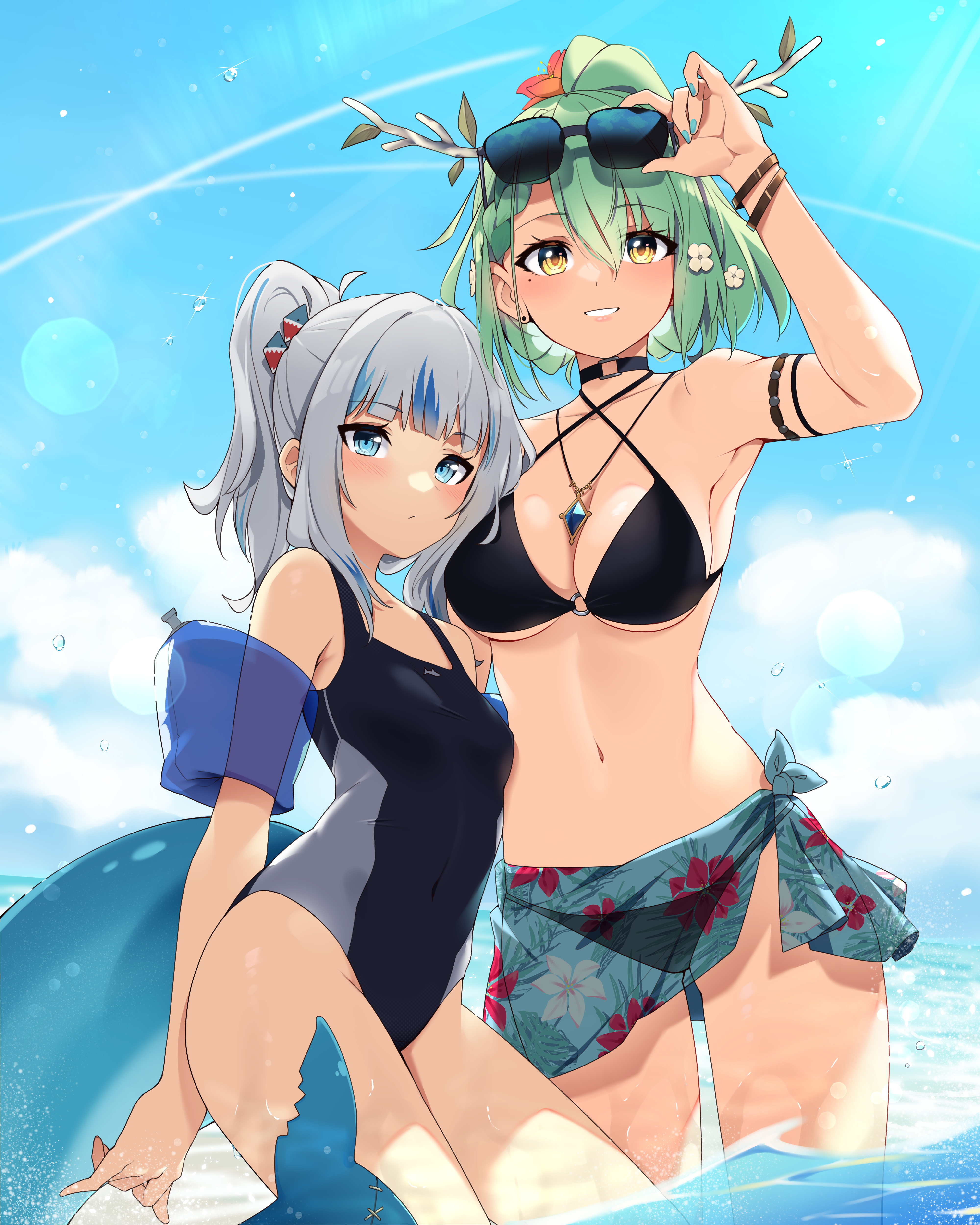 Anime 4000x5000 anime anime girls digital art artwork 2D Pixiv petite looking at viewer belly belly button bare midriff choker portrait portrait display Hololive Ceres Fauna Gawr Gura Virtual Youtuber swimwear one-piece swimsuit necklace big boobs sky clouds floater water standing in water sunglasses bracelets moles mole under eye two tone hair short hair flower in hair thighs