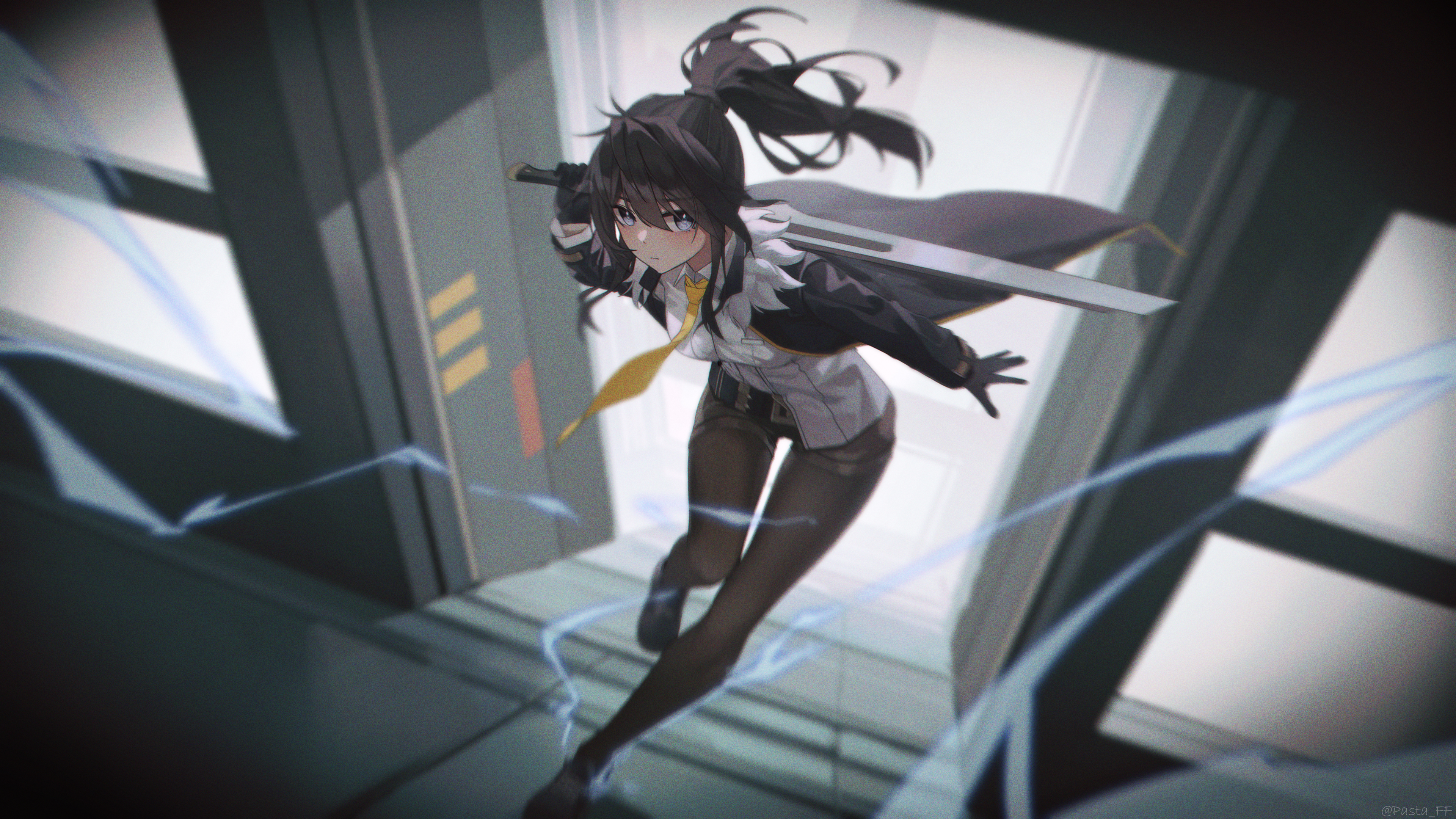 Anime 3840x2160 anime anime girls sword running ponytail blue eyes gloves weapon looking at viewer