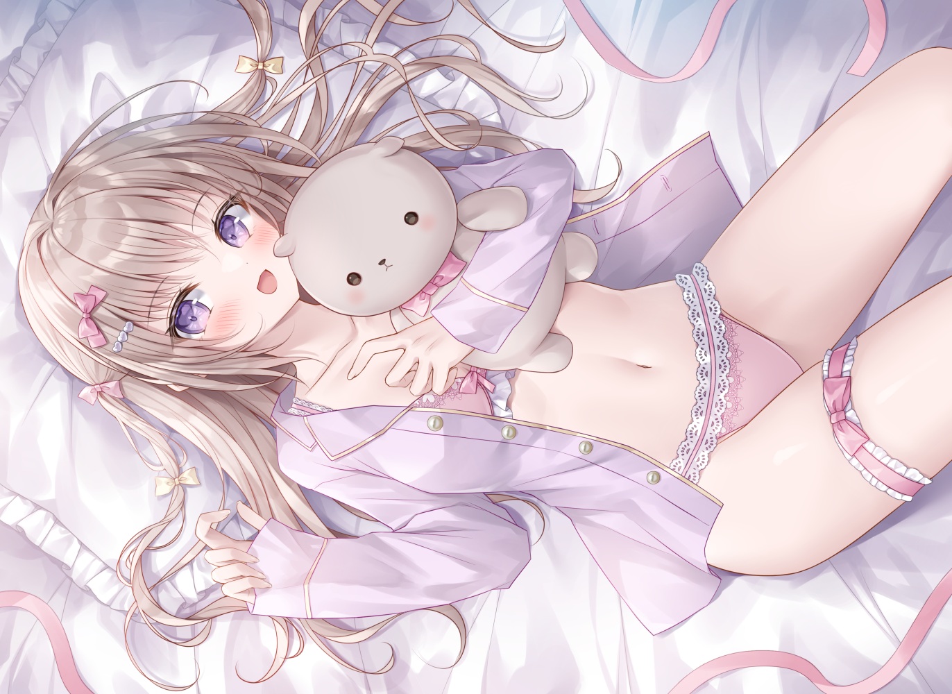 Anime 1372x1000 anime anime girls lying down lying on back underwear blushing open mouth hair bows looking at viewer Pillo bed teddy bears bow tie long hair blonde purple eyes belly belly button