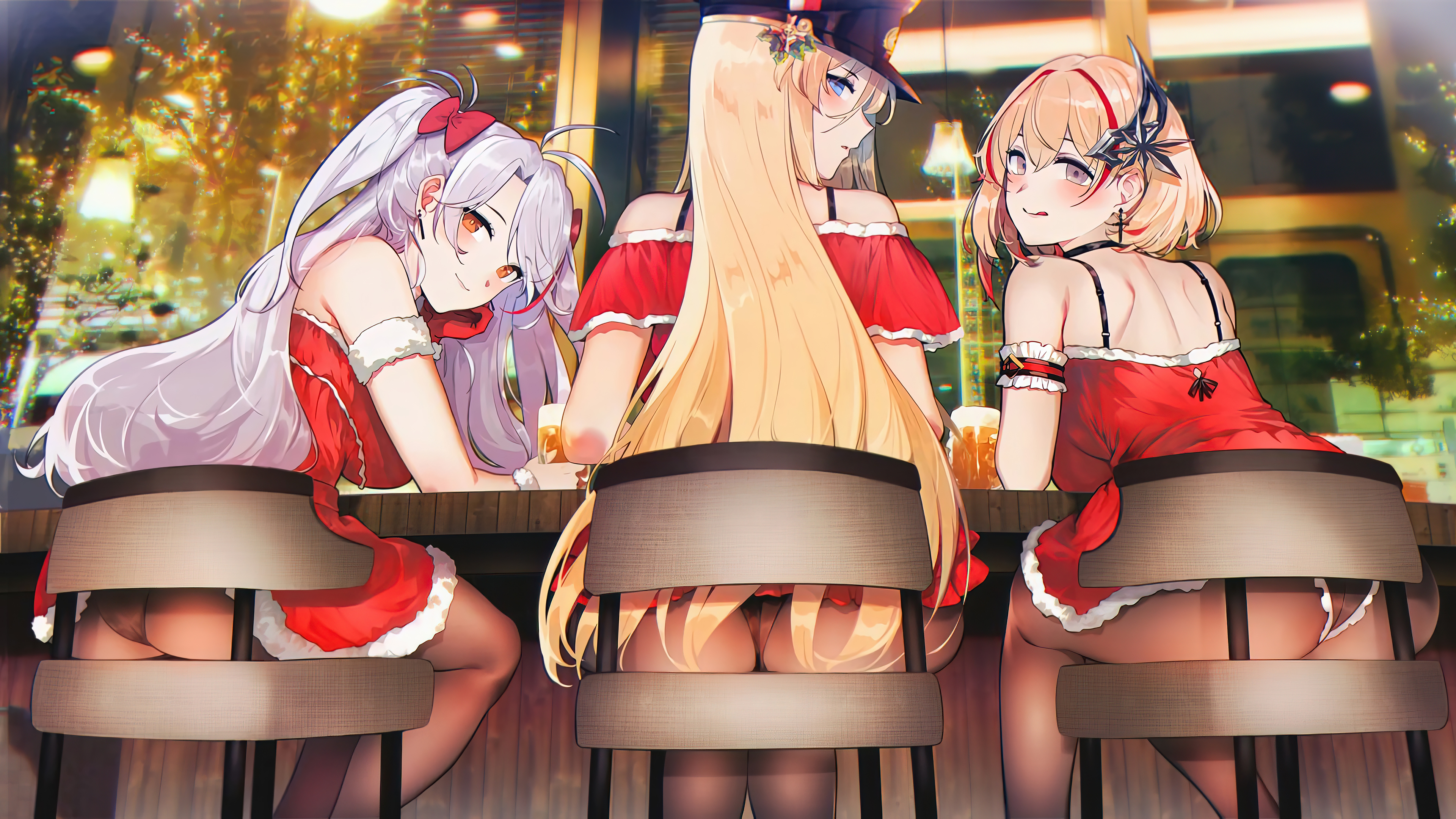 Anime 3840x2160 Prinz Eugen (Azur Lane) Bismarck (Azur Lane) Roon (Azur Lane) ass Azur Lane anime girls looking at viewer long hair sitting looking back blushing hat stools gloves two tone hair hair bows lights panties pantyhose line-up women trio group of asses red dress Christmas clothes beer
