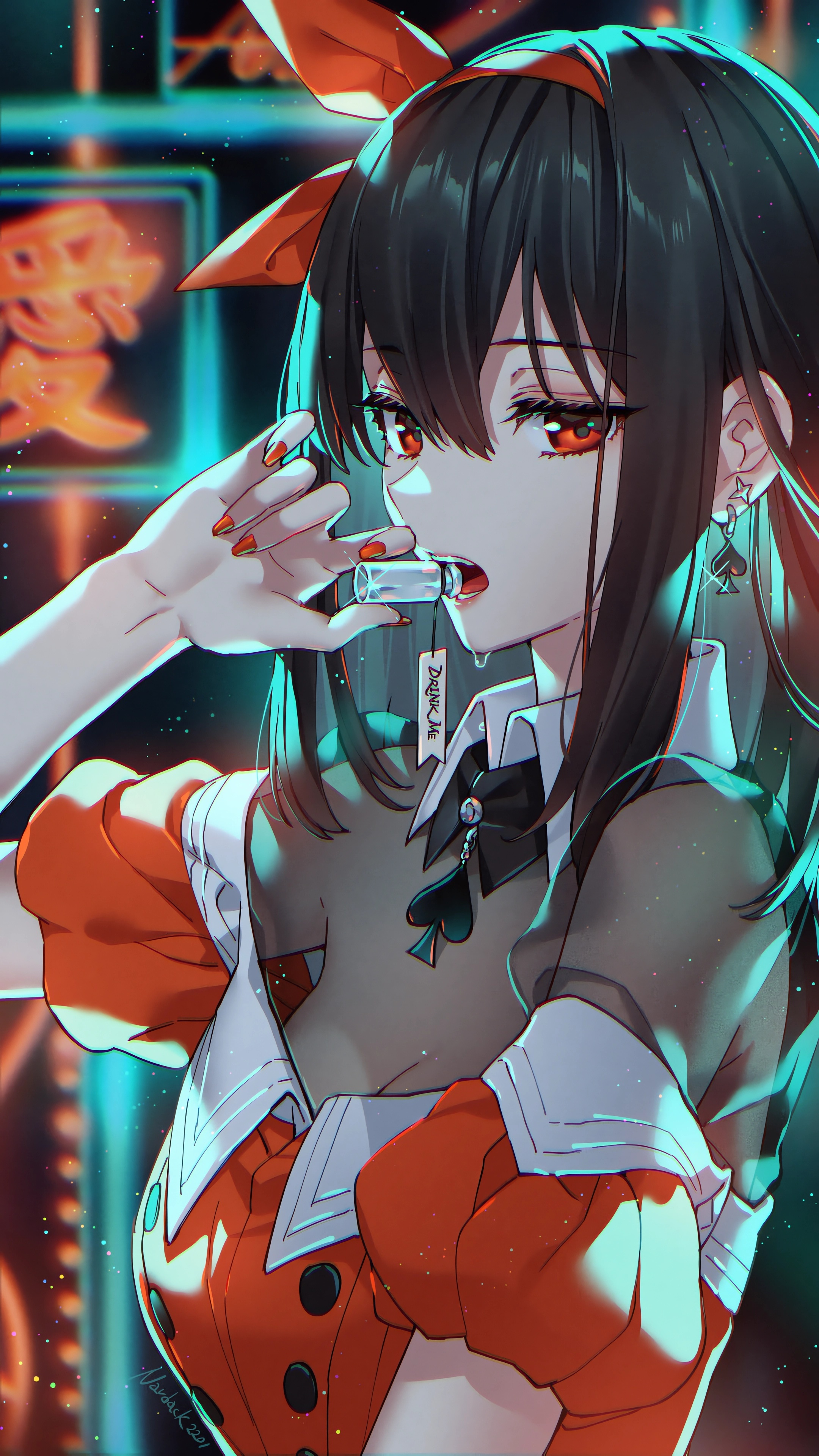 Anime 2160x3840 anime anime girls red eyes portrait display long hair earring black hair neon bow tie cleavage signature looking at viewer bottles