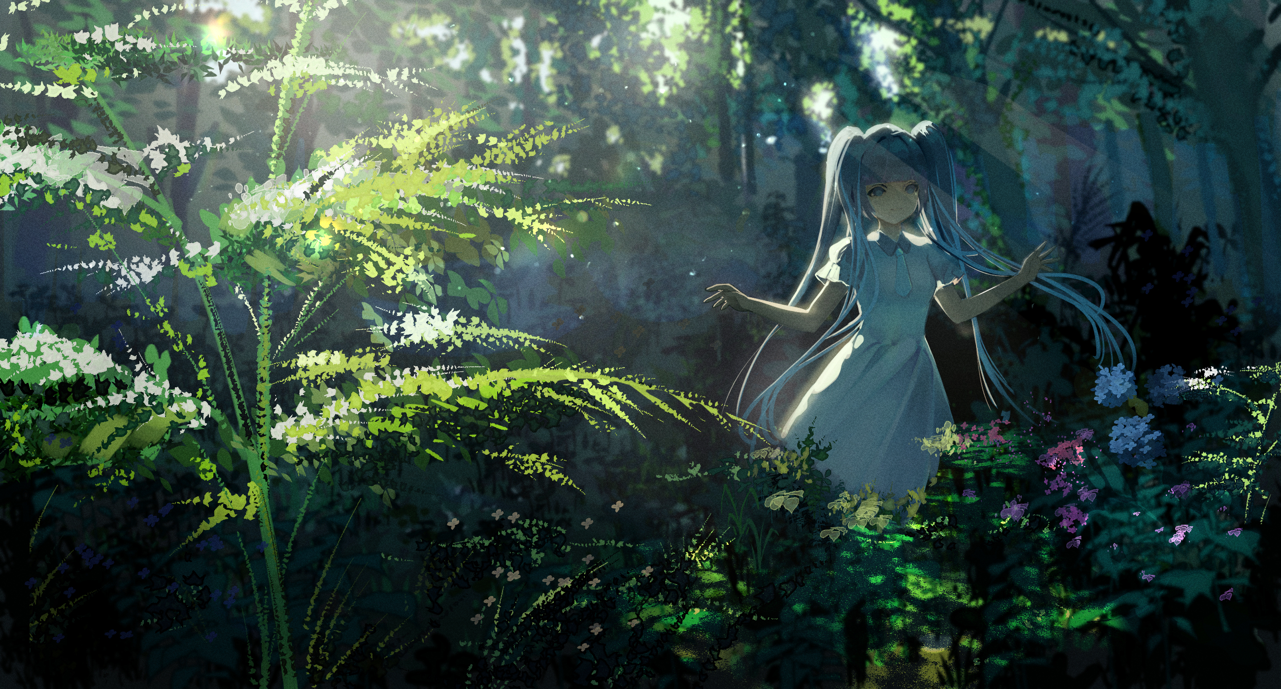 Anime 2600x1400 anime anime girls Hatsune Miku Vocaloid twintails long hair blue hair blue eyes forest sunlight flowers leaves standing dress smiling tie