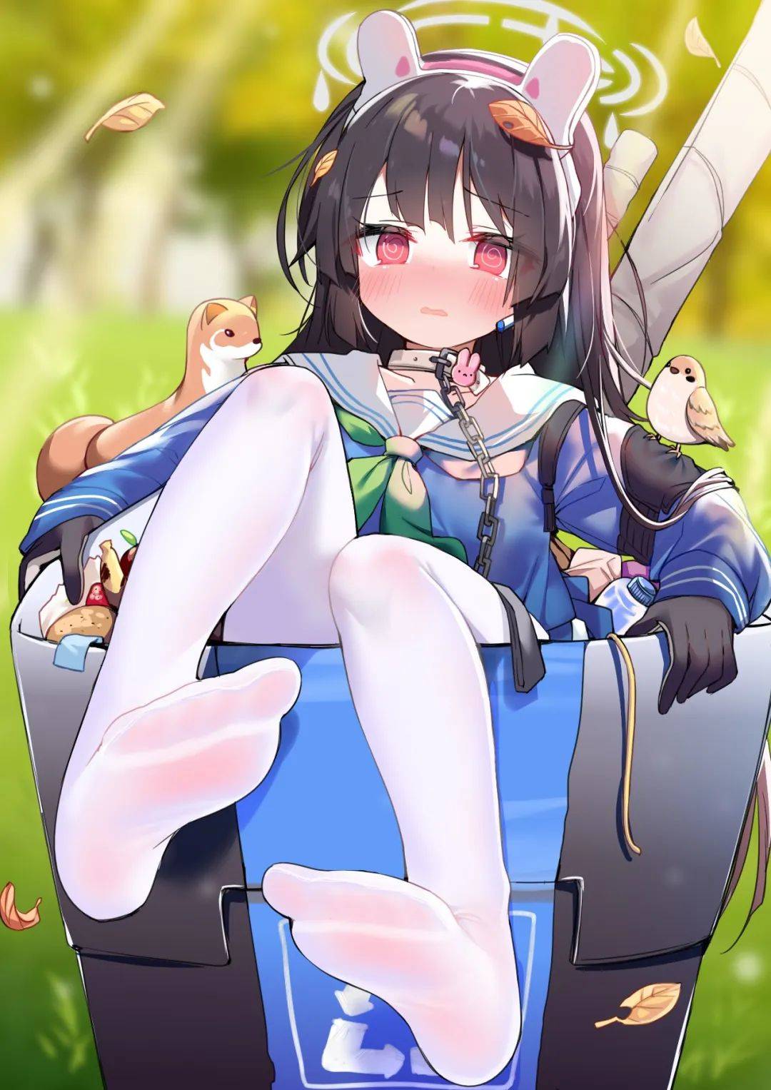 Anime 1080x1527 anime girls foot fetishism Miyu Kasumizawa feet Blue Archive sunlight portrait display blushing Recycle leaves bunny girl bunny ears birds looking at viewer blurred blurry background animals long hair collar trees