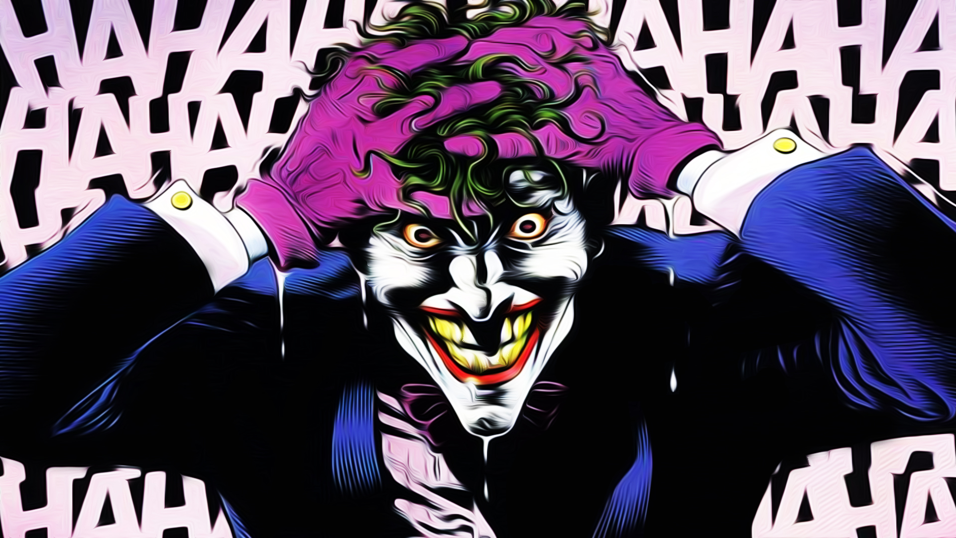General 1920x1080 Joker comix comic art Alan Moore looking at viewer comics villains Batman green hair smiling DC Comics gloves teeth laughing bow tie hand(s) on head digital art