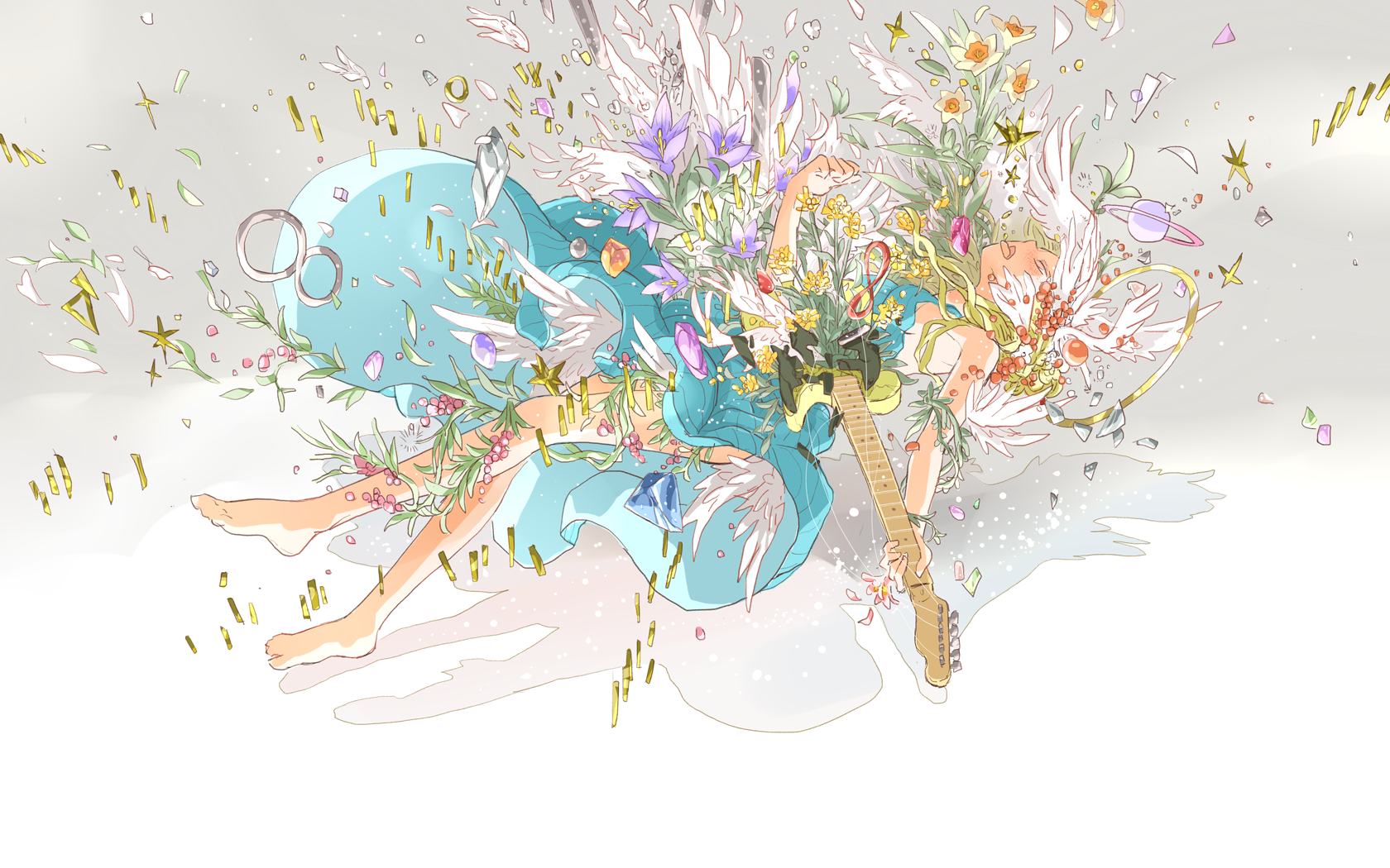 Anime 1680x1050 anime anime girls musical instrument guitar long hair flowers leaves minimalism simple background feet dress petals falling tongue out