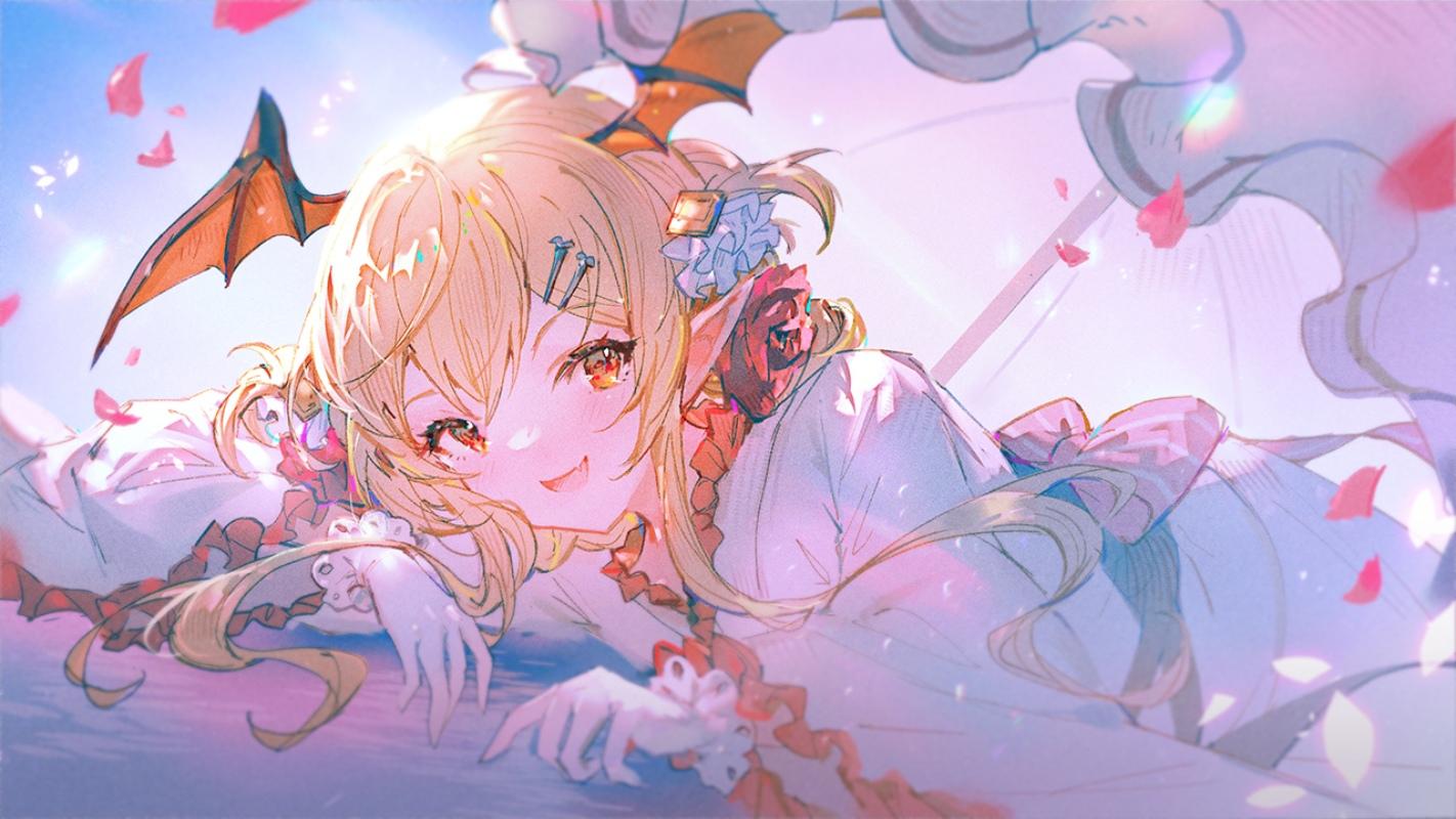 Anime 1422x800 anime anime girls blonde pointy ears yellow eyes wings looking at viewer blushing lying down lying on front petals flower in hair smiling