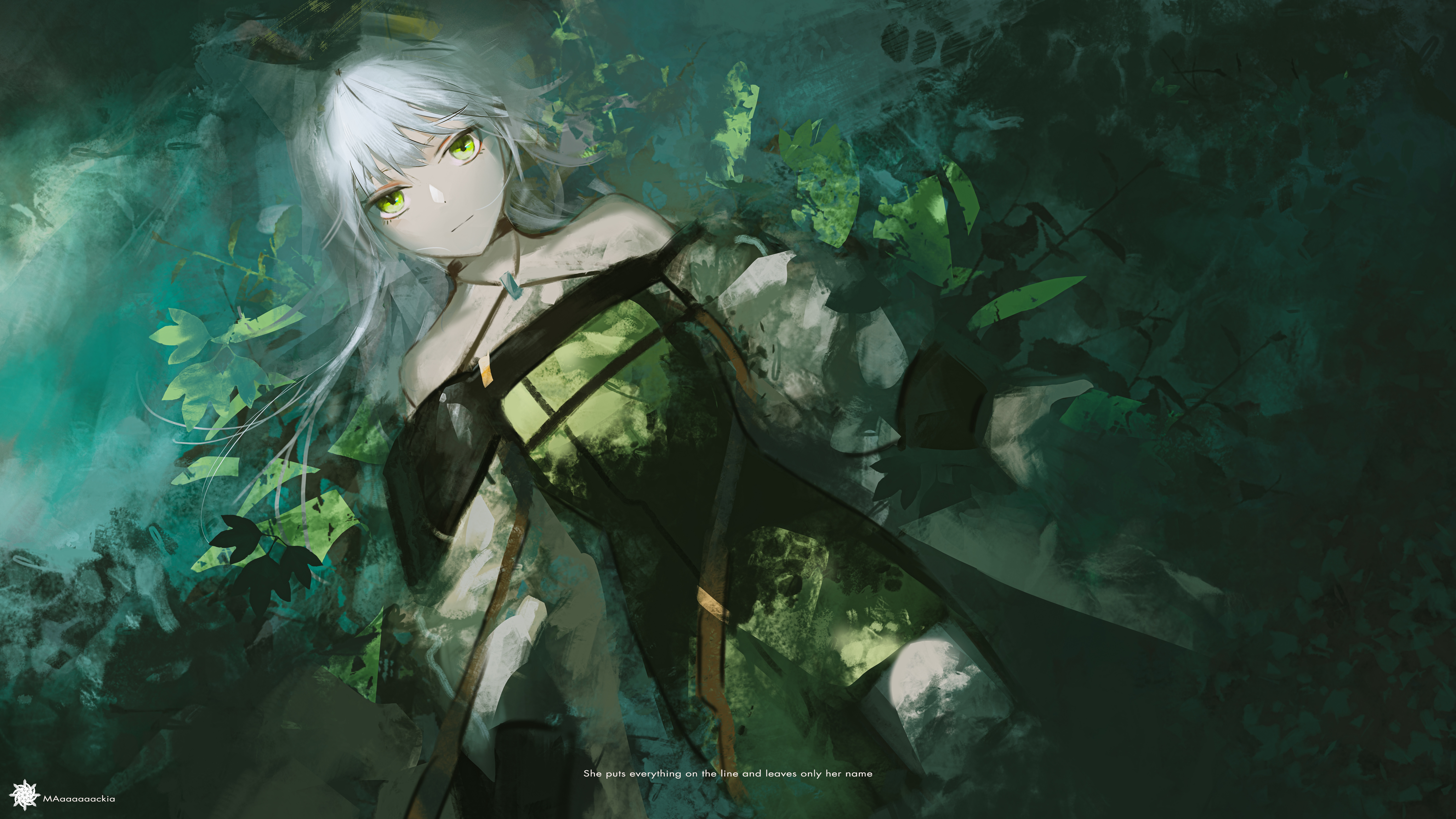 Anime 9600x5400 anime anime girls Pixiv Arknights Kal'tsit (Arknights) water text watermarked looking at viewer long hair green eyes white hair lying down lying on back in water leaves