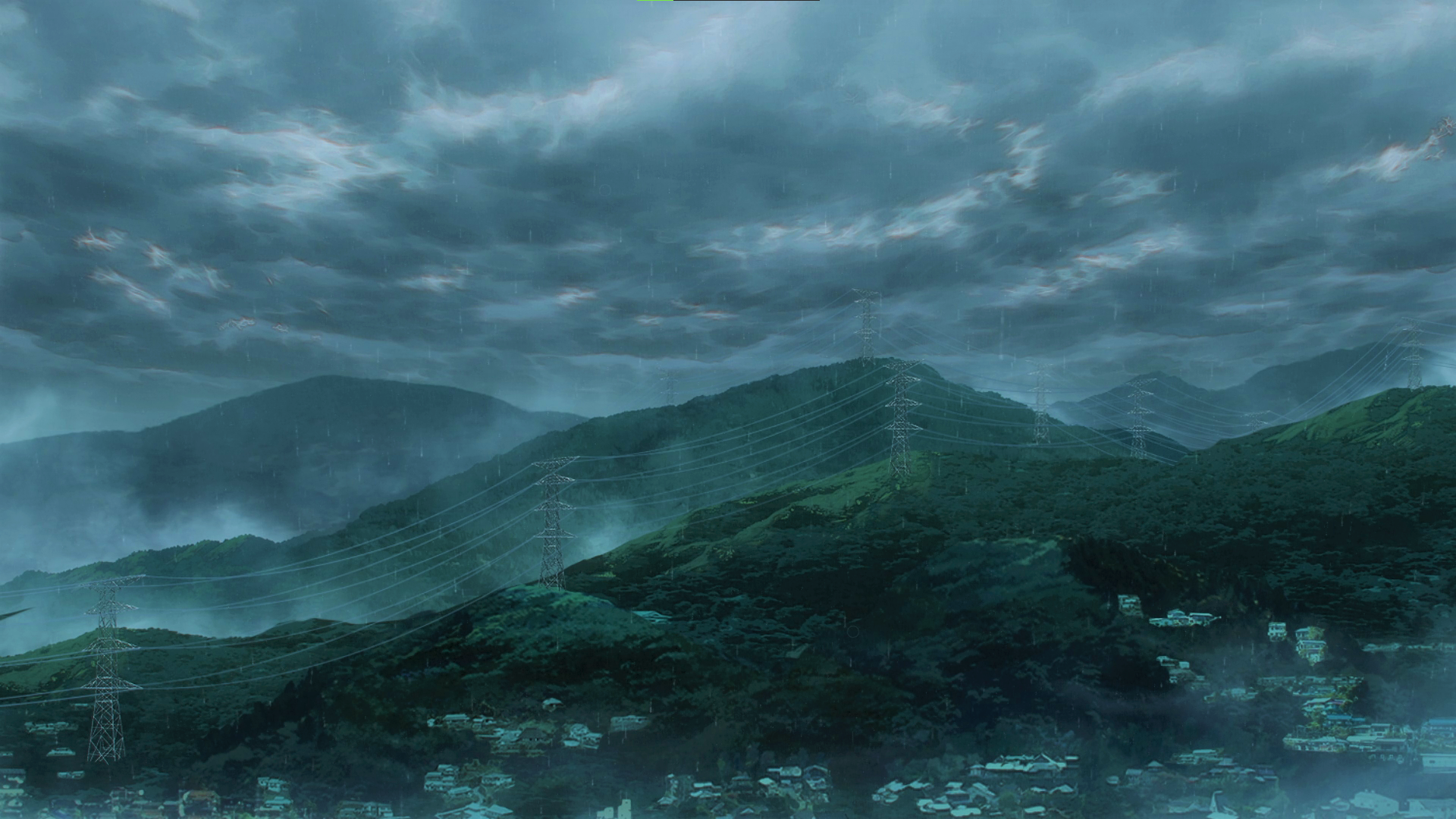 Anime 1920x1080 Jujutsu Kaisen mountains rain overcast clouds trees house anime Anime screenshot sky