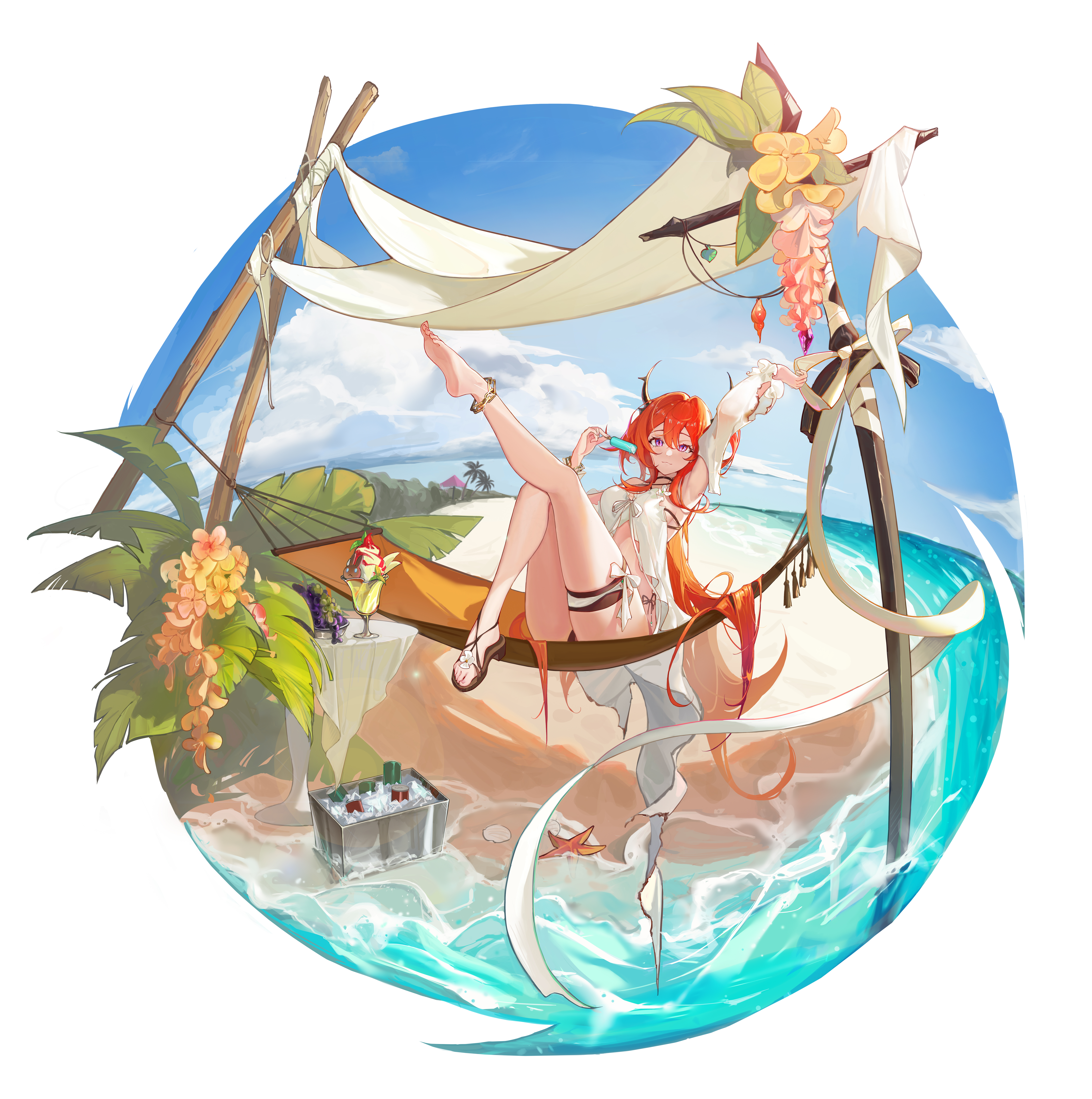 Anime 5919x5956 Arknights hammocks anime girls portrait display Surtr (Arknights) long hair redhead looking at viewer purple eyes minimalism simple background water white background leg up one arm up white dress popsicle detached sleeves leaves women on beach palm trees thigh strap foot sole ice cream food starfish can flowers beach sky horns feet armpits