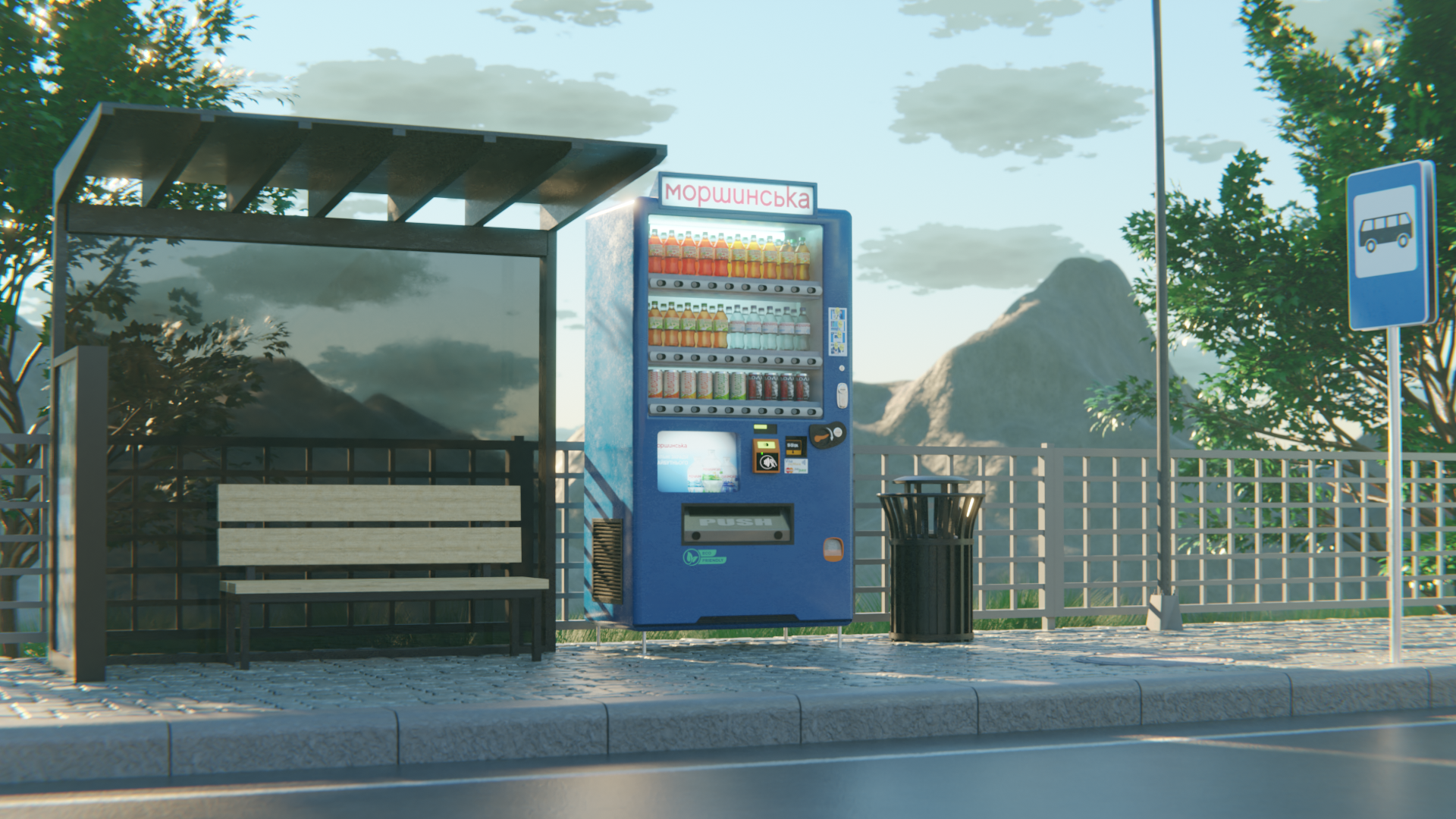 General 1920x1080 vending machine bus stop Blender street soda digital art sky clouds trash bin trees fence bench
