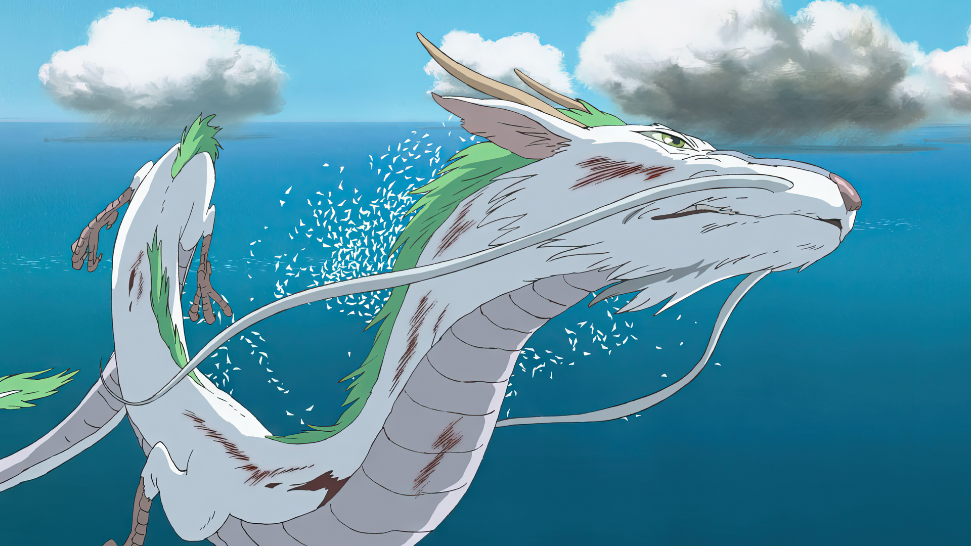 Anime 1920x1080 Spirited Away dragon animated movies film stills anime animation sky clouds water Haku Studio Ghibli Hayao Miyazaki creature Chinese dragon