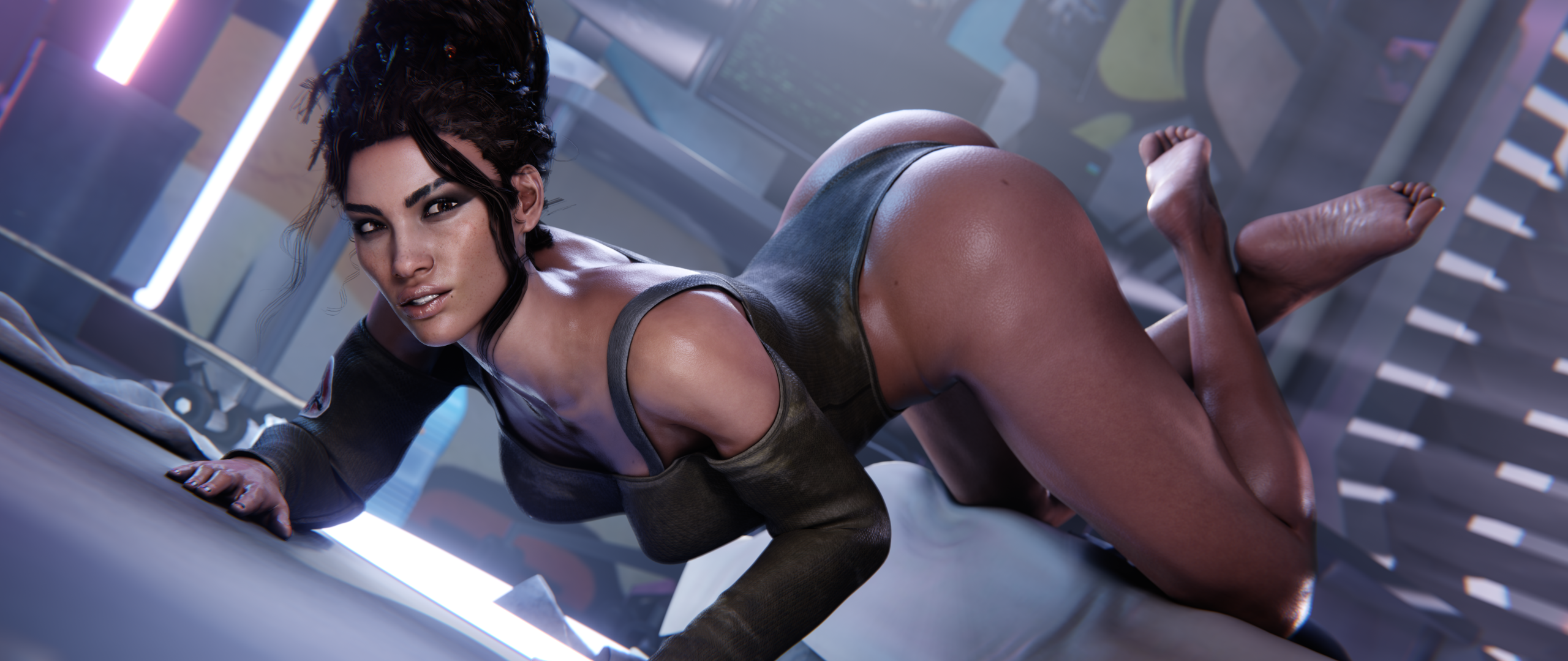 General 2560x1080 CGI video game girls ass video games bent over looking at viewer video game characters feet crossed Panam Palmer Strauzek (artist) foot sole Cyberpunk 2077 feet