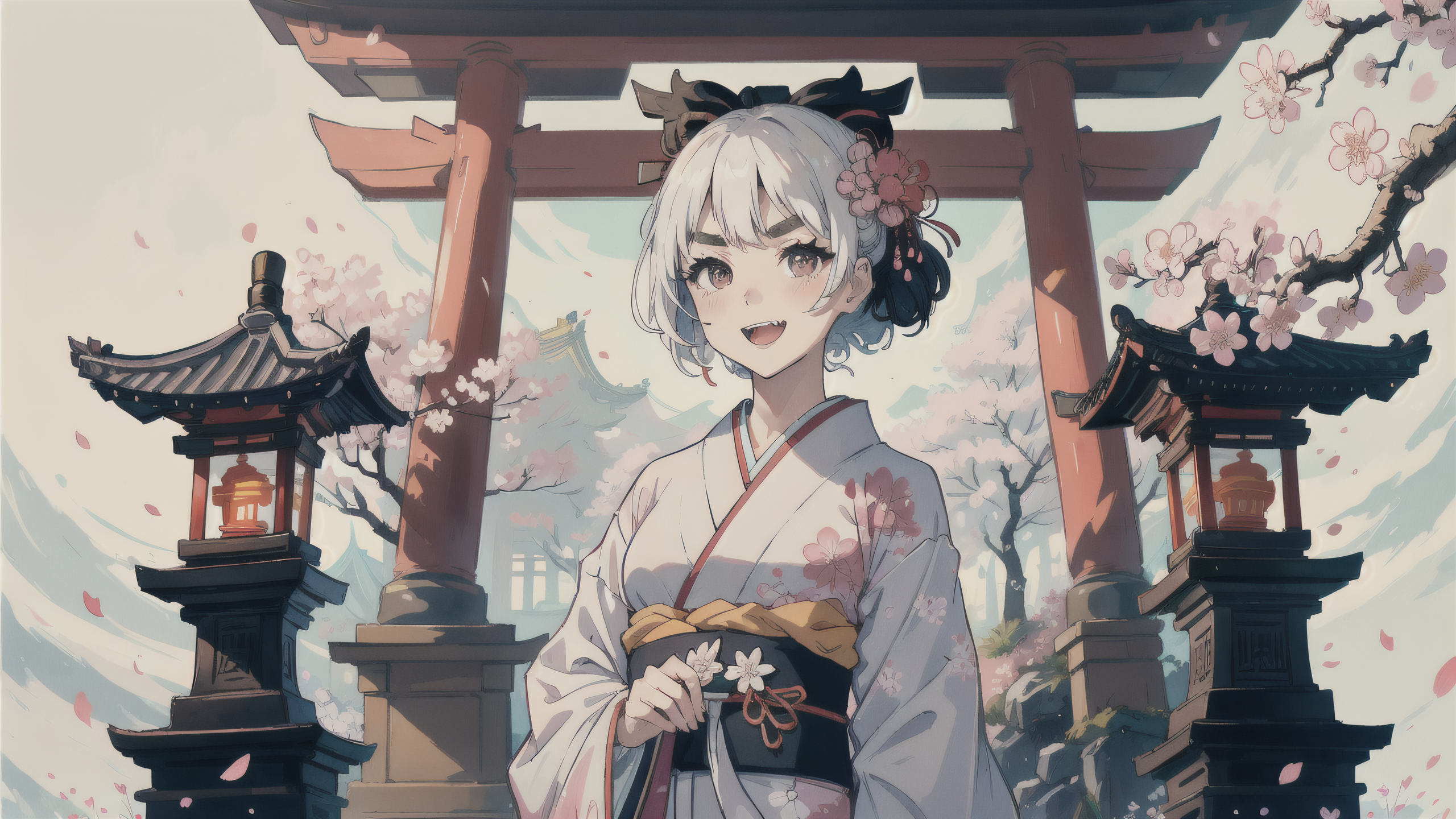 Anime 2560x1440 white hair AI art smiling torii kimono anime girls flowers petals cherry blossom trees short hair looking at viewer