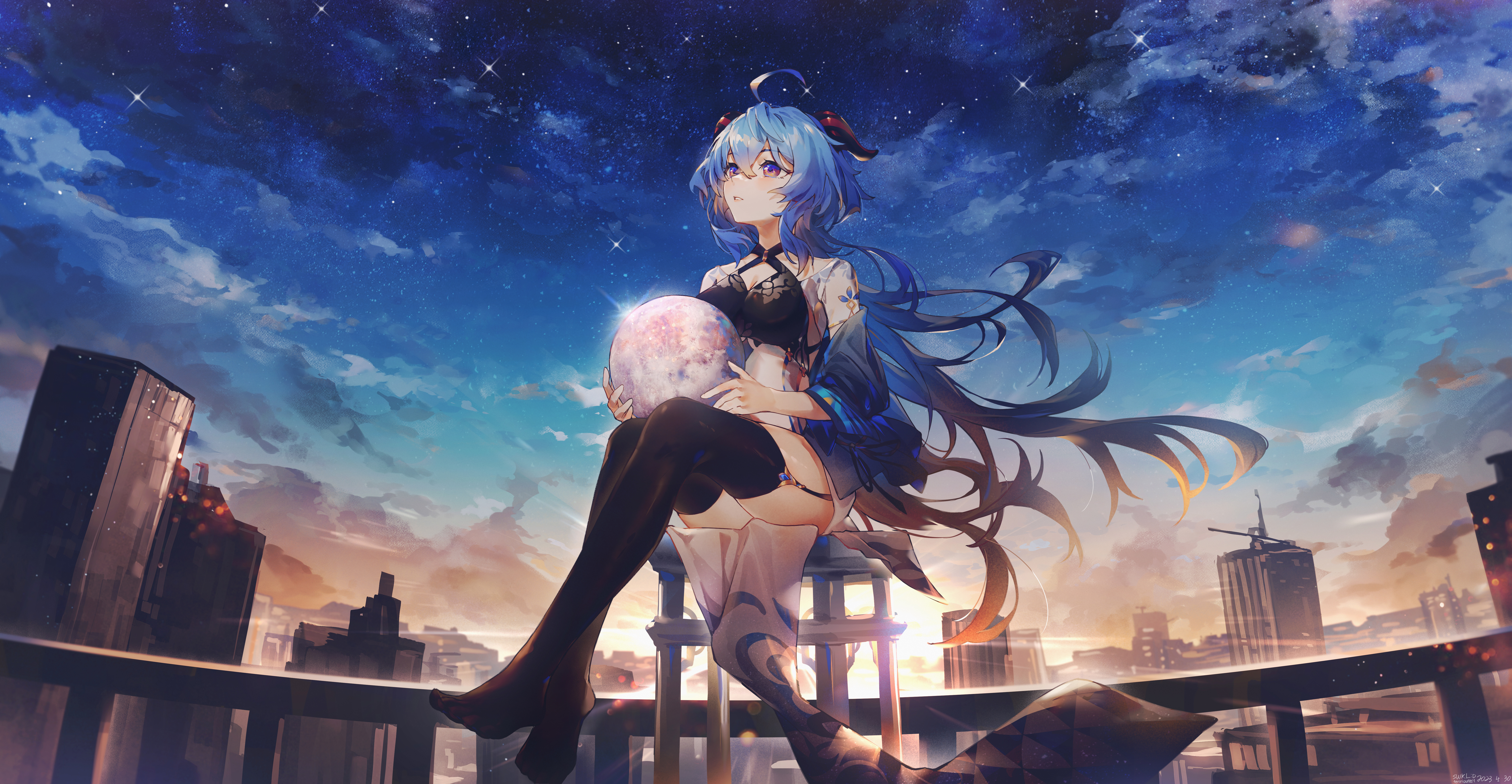 Anime 7600x3943 SWKL Genshin Impact Ganyu (Genshin Impact) anime girls sitting looking up blue hair purple eyes thigh-highs windy black thigh-highs horns legs looking away garter straps thighs feet crossed two tone hair multi-colored eyes sunset sunset glow long hair sparkles stars sky orb clouds night building cityscape balcony gradient hair starred sky stockings