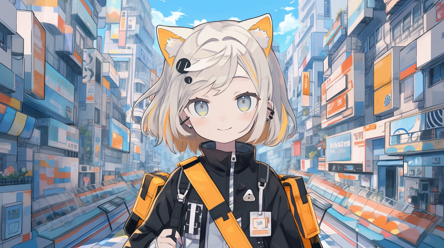 Anime 1456x816 AI art Midjourney anime girls smiling cat girl cat ears short hair city building looking at viewer blushing two tone hair clouds