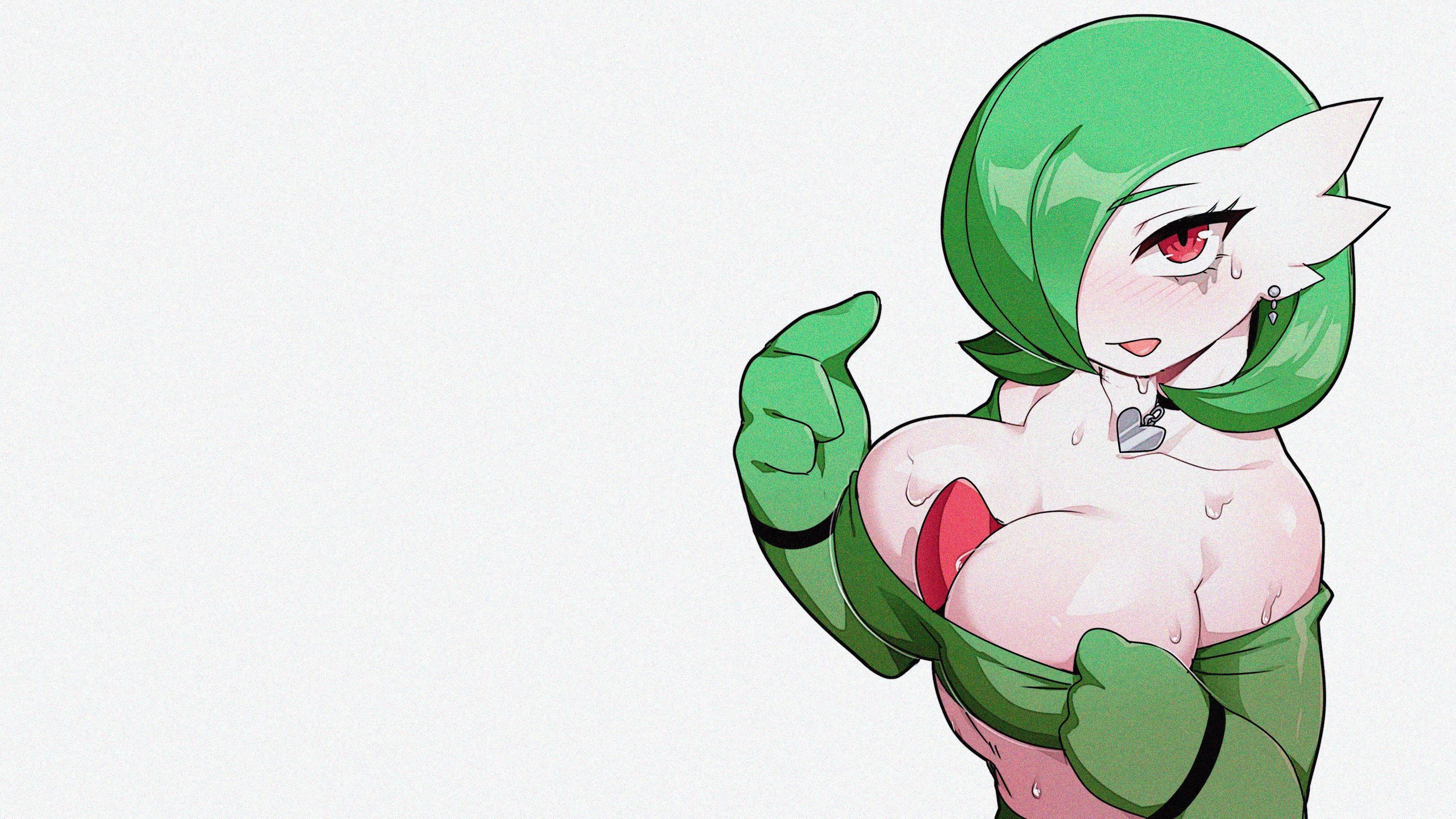 Anime 3256x1832 anime anime girls Pokémon Gardevoir green hair red eyes makeup crying smudged makeup boobs big boobs tongue out choker earring simple background white background Mini hair over one eye blushing minimalism
