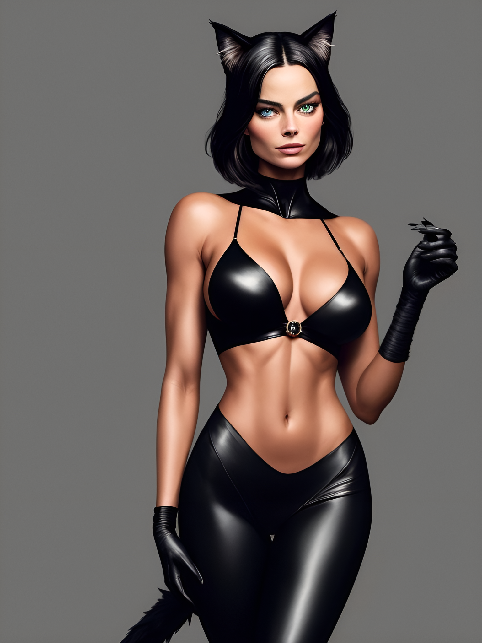 General 1536x2048 AI art Margot Robbie cat ears gloves black gloves latex leggings cat tail looking at viewer boobs short hair black hair gray background belly simple background portrait display