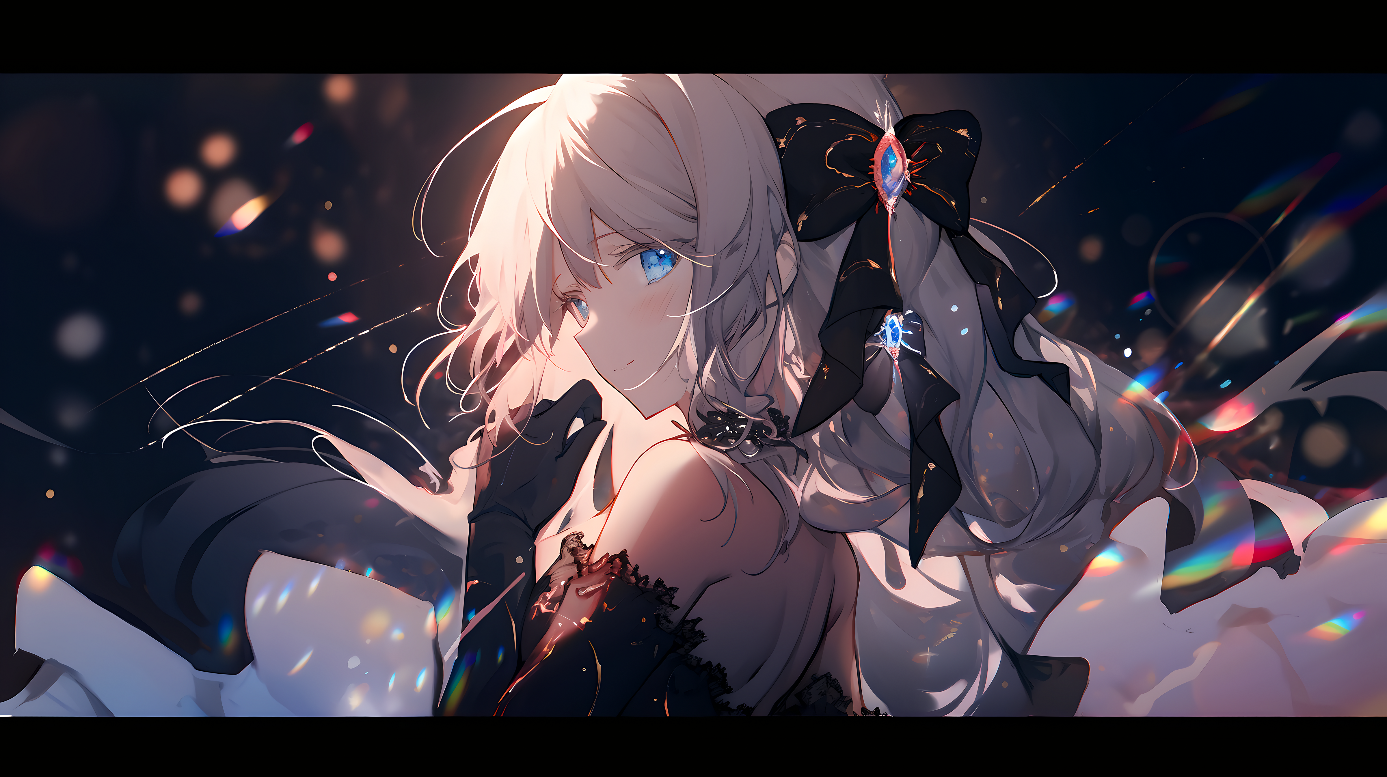 Anime 4803x2692 AI art white hair black dress anime girls looking at viewer long hair looking back bow tie