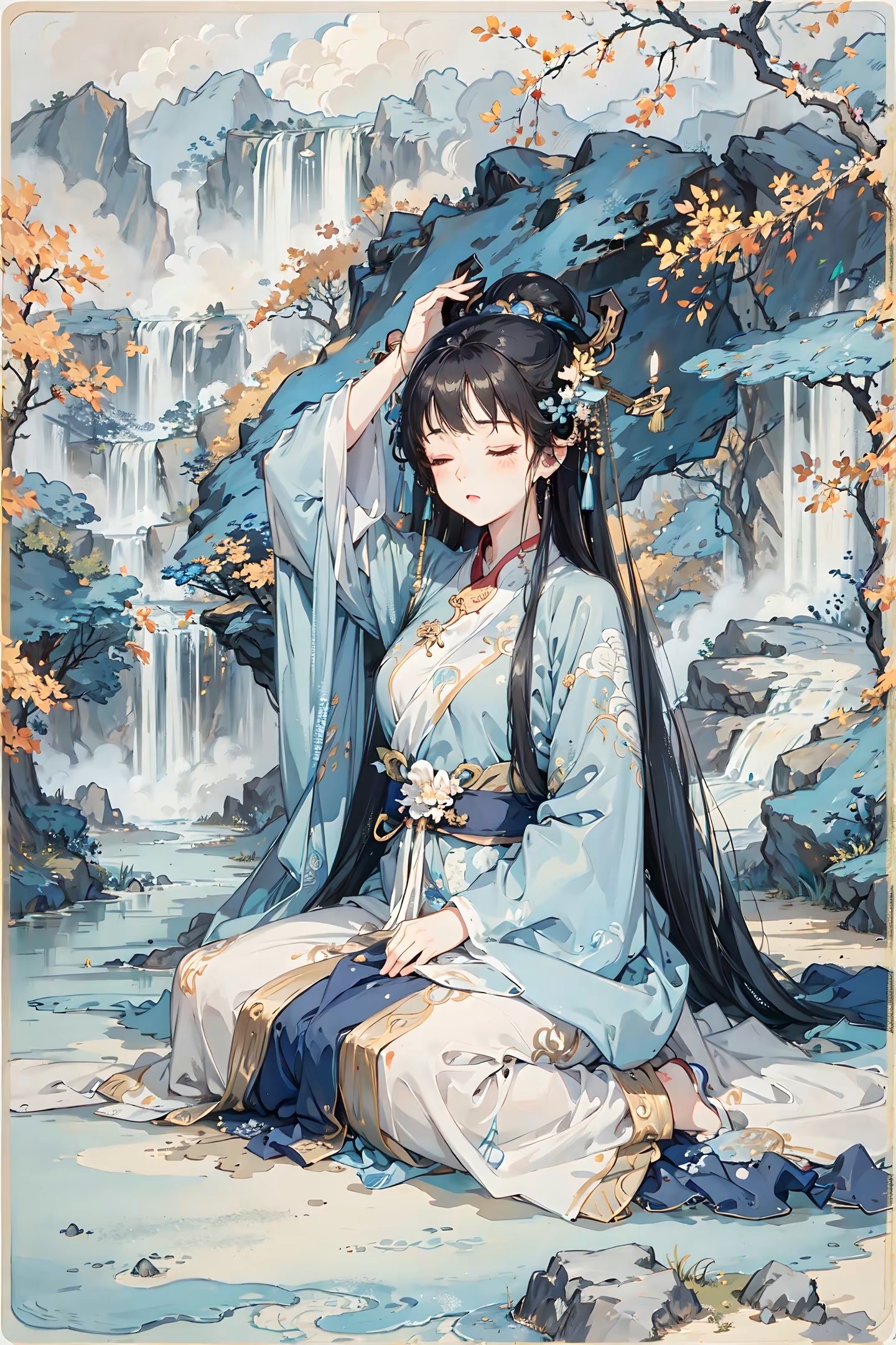 Anime 1440x2160 illustration anime girls AI art portrait display closed eyes kimono long hair waterfall water clouds
