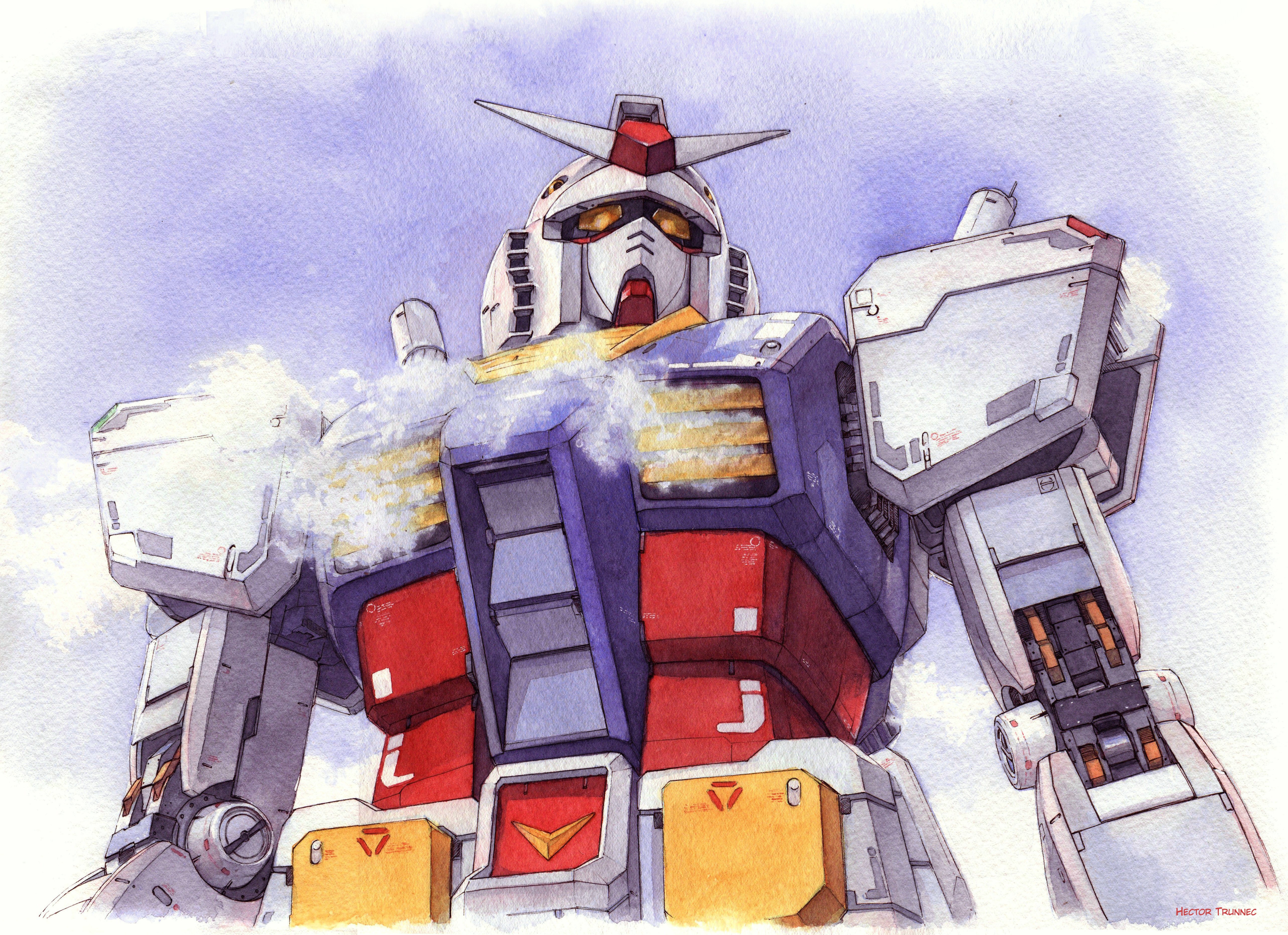 Anime 5131x3725 anime Gundam watercolor watercolor style Mobile Suit Gundam smoke RX-78 Gundam mechs
