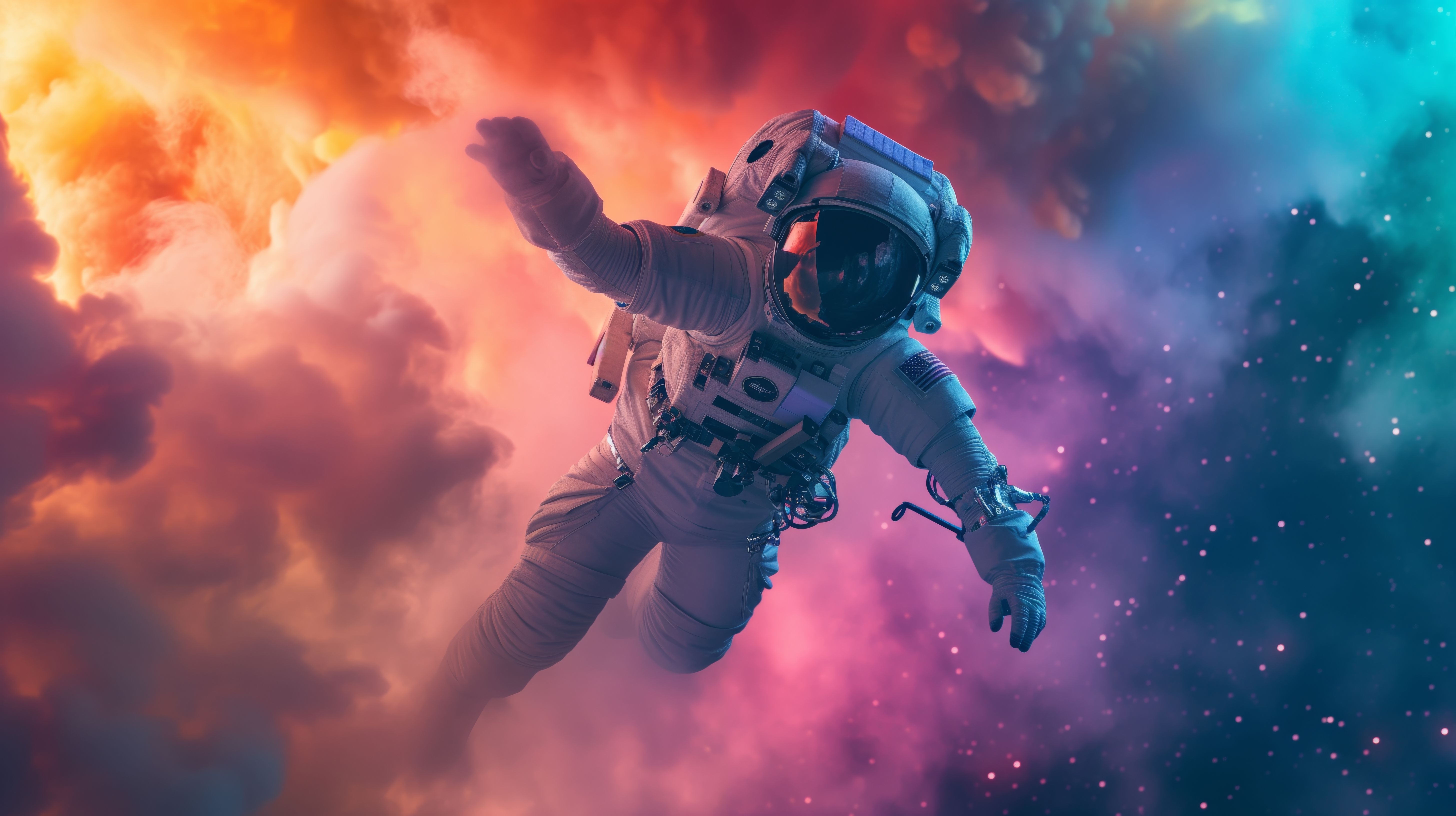 General 5824x3264 AI art astronaut colorful spacesuit space smoke clouds floating
