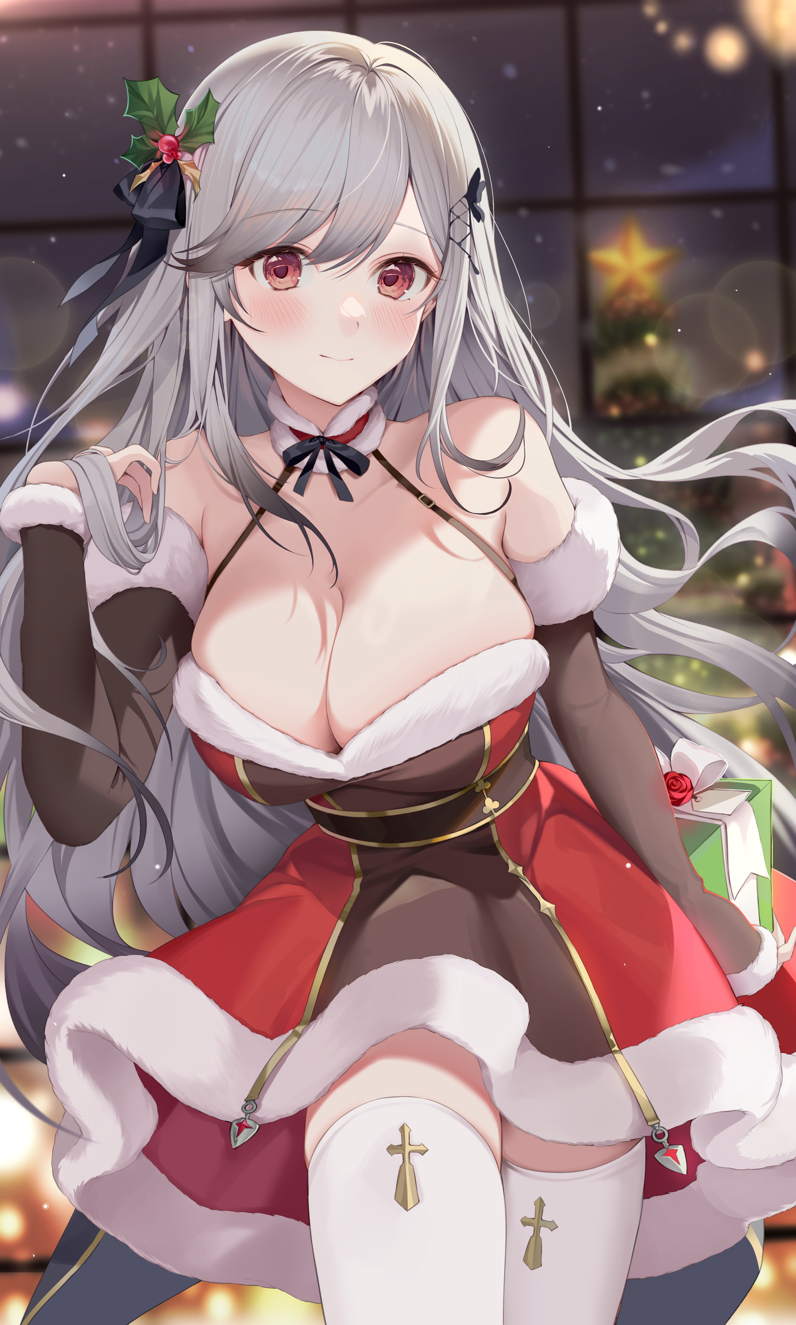 Anime 2588x4308 anime anime girls Ion (artist) Azur Lane Dunkerque (Azur Lane) Christmas presents thighs Christmas clothes smiling closed mouth long hair portrait display cleavage huge breasts collarbone bare shoulders stockings white stockings gray hair red eyes hair ornament Christmas blushing looking at viewer bokeh Christmas tree stars