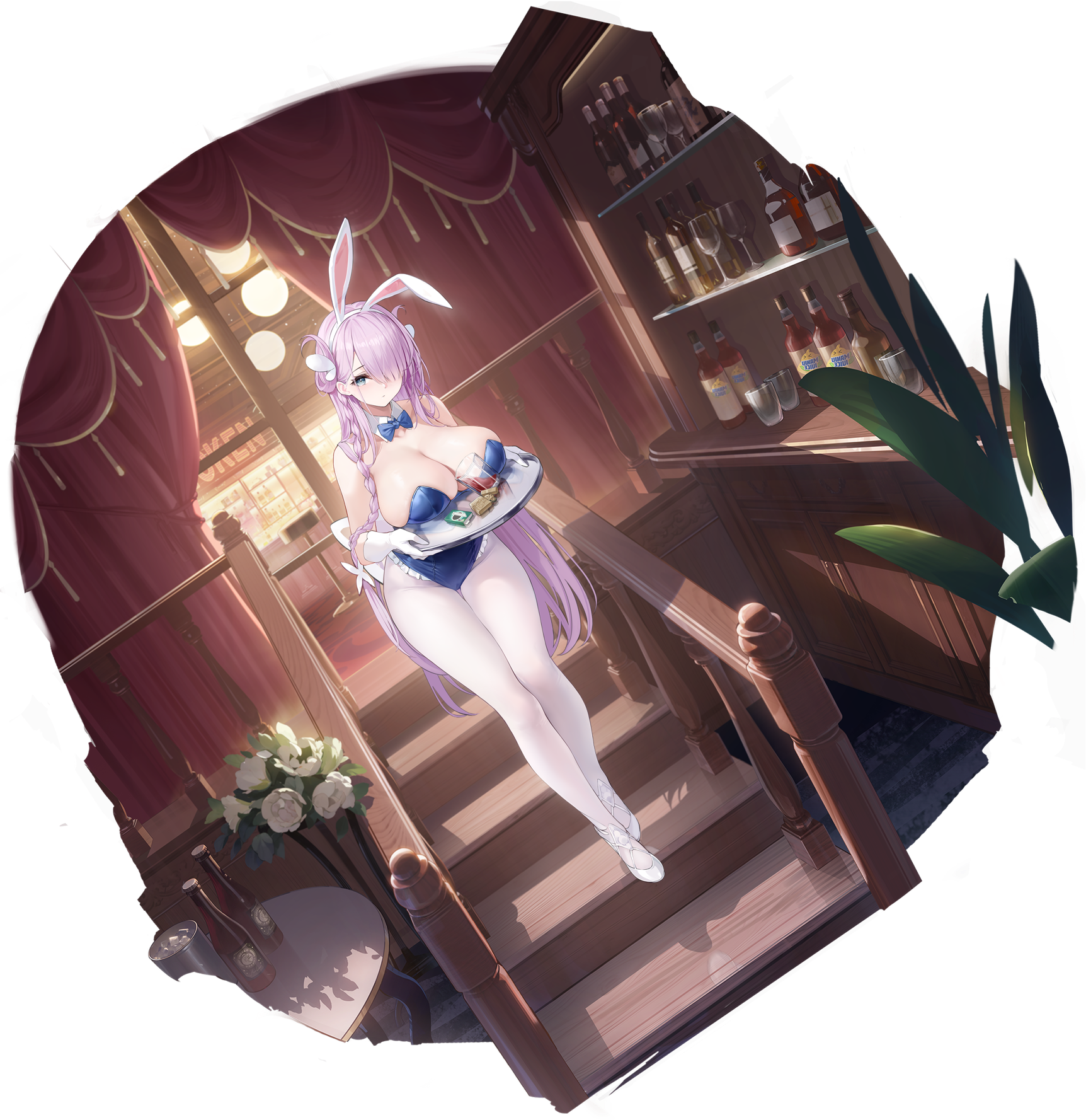 Anime 1724x1777 Azur Lane huge breasts portrait display bottles Louisville (Azur Lane) cup white background alcohol simple background stairs animal ears blue leotard hair over one eye flowers hair ornament cleavage white pantyhose long hair boobs on plate leotard looking at viewer tray aqua eyes purple hair bare shoulders plants white gloves walking women indoors thighs legs bar gloves anime girls