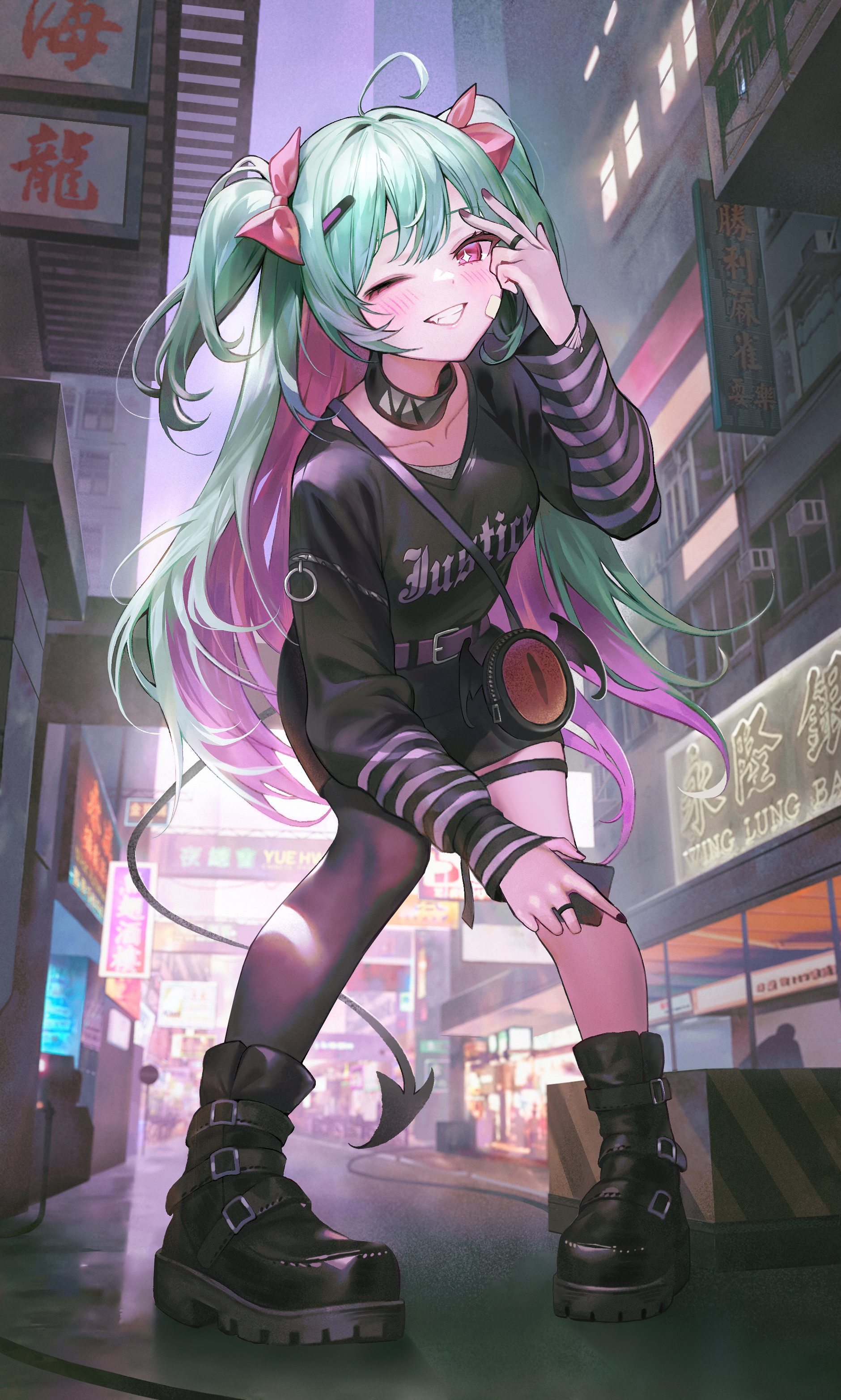 Anime 1880x3128 anime anime girls portrait display ikki0773 original characters tail two tone hair standing looking at viewer smiling long sleeves one eye closed hair ornament twintails building collarbone phone holding phone black nails painted nails sign kanji rings boots city lights Band-Aid leaning teeth street lights fanny packs ahoge star eyes blushing