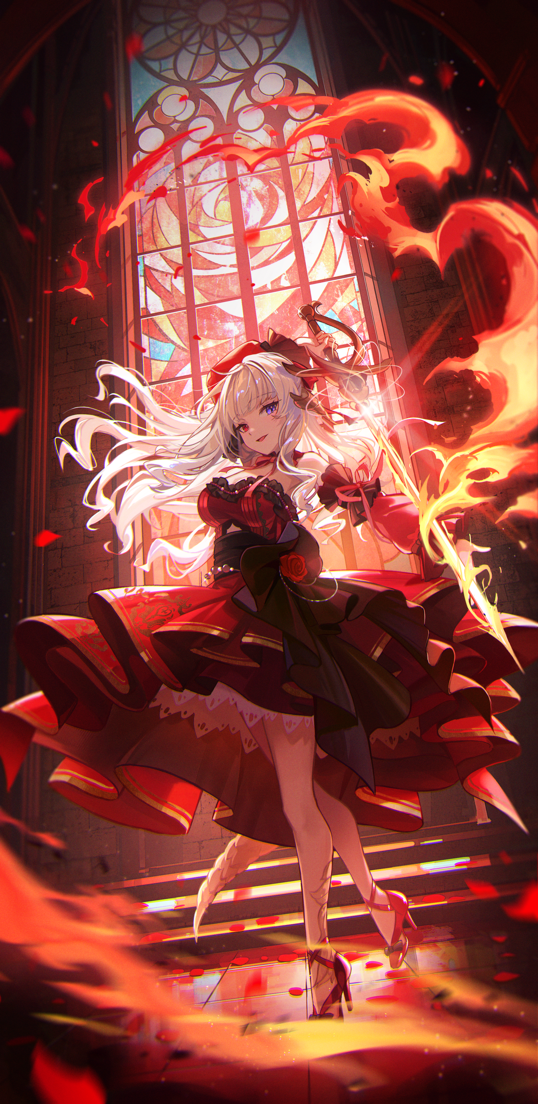 Anime 1874x3840 anime anime girls portrait display standing kyusoukyu heterochromia looking at viewer dress sword women with swords detached sleeves frills open mouth petals stained glass heels tiles weapon legs white hair bare shoulders