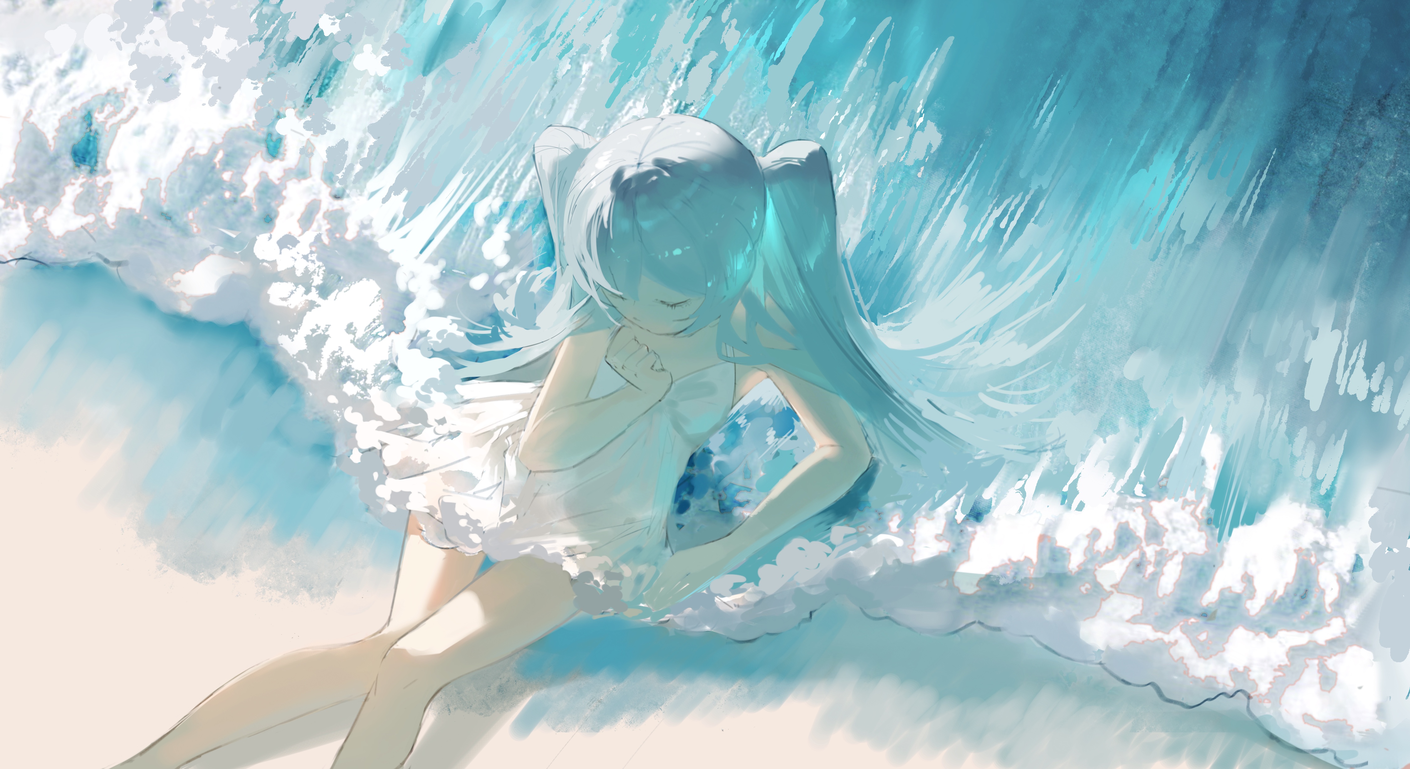 Anime 4500x2456 anime anime girls Hatsune Miku Vocaloid waves twintails water Guluglutton closed eyes long hair sea foam white dress sunlight on the ground