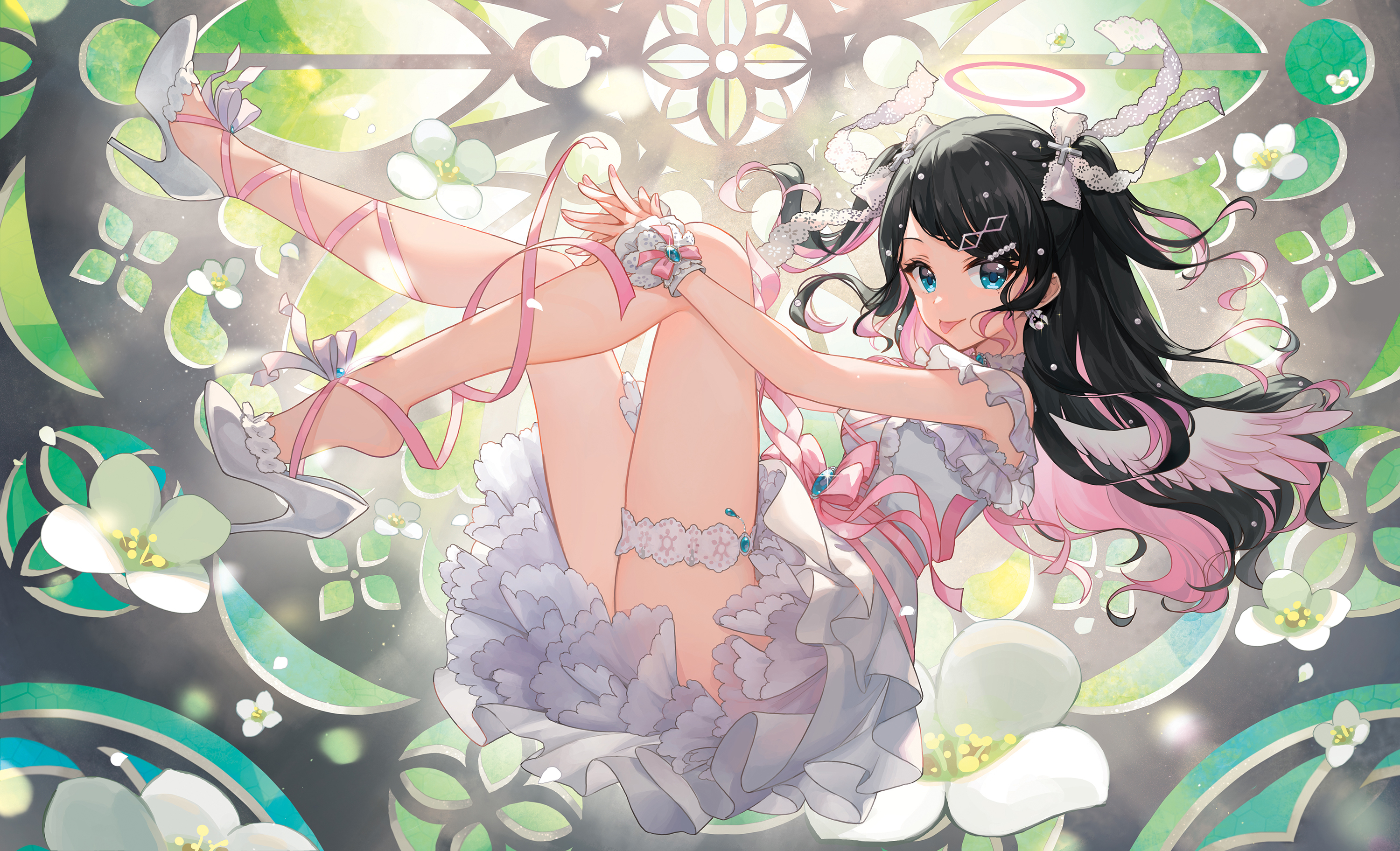 Anime 3000x1824 anime anime girls shine cheese long hair Virtual eSports Project (VSPO!) Kaga Nazuna tongue out looking at viewer smiling dress heels frills bent legs two tone hair blue eyes earring Virtual Youtuber flowers tongues hair bows pointed toes leg ring