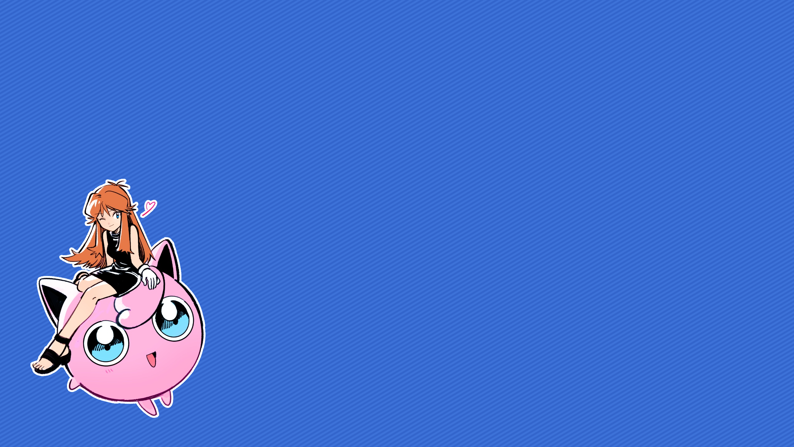 Anime 2560x1440 Pokémon Pokémon First Generation Jigglypuff aqua eyes green (pokemon) brunette simple background heart (design) long hair wink looking at viewer retro games blue eyes dress black dress shoes miniskirt thighs thighs together bewitching thighs gloves white gloves sitting open mouth toes blue background heart
