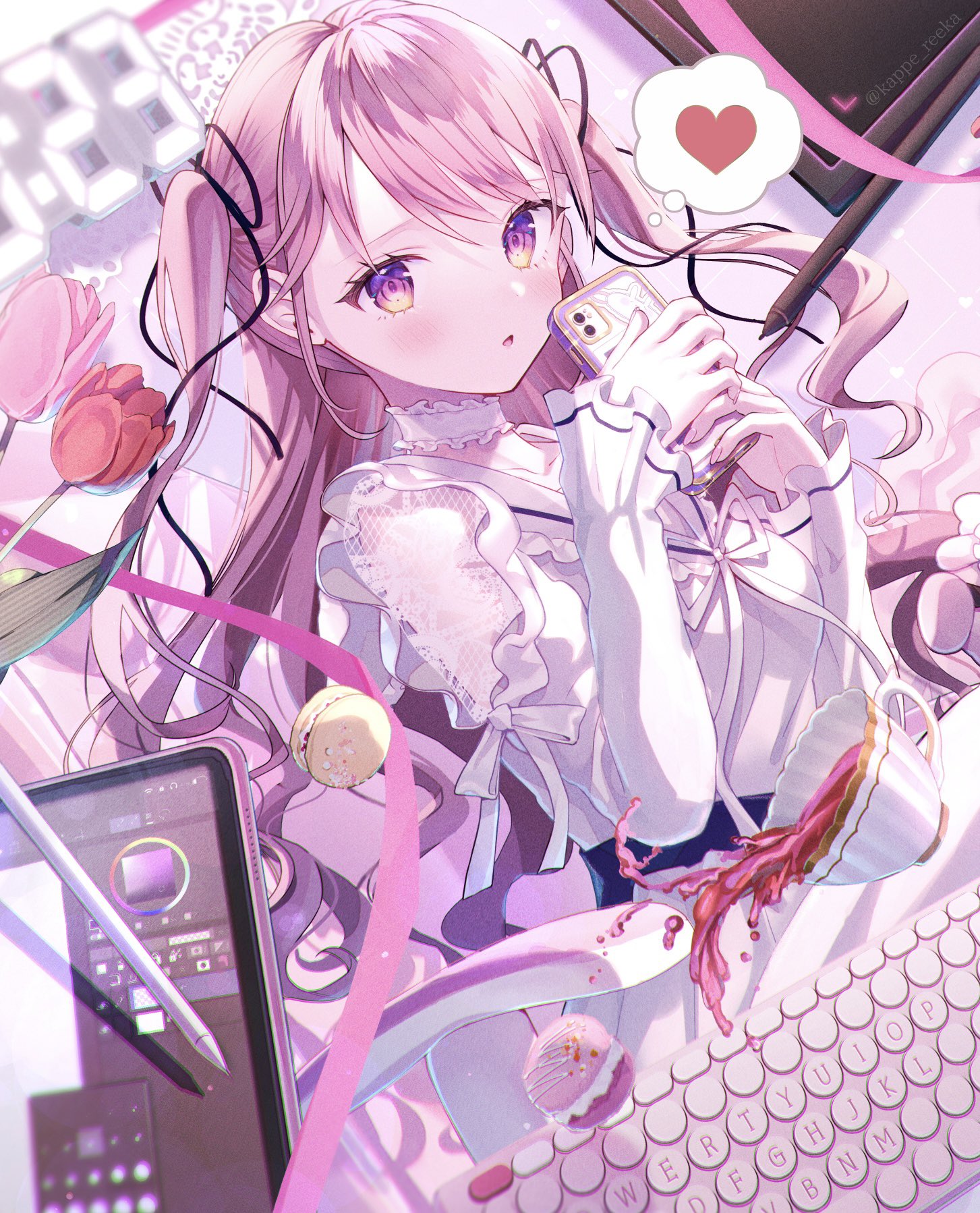 Anime 1453x1798 anime anime girls portrait display phone holding phone long hair kappe reeka pink hair looking at viewer blushing gradient eyes tablet  qwerty keyboards collarbone open mouth heart speech bubble flowers hair ribbon long sleeves drink cup sweets choker macarons twintails original characters pink frills time numbers accidents