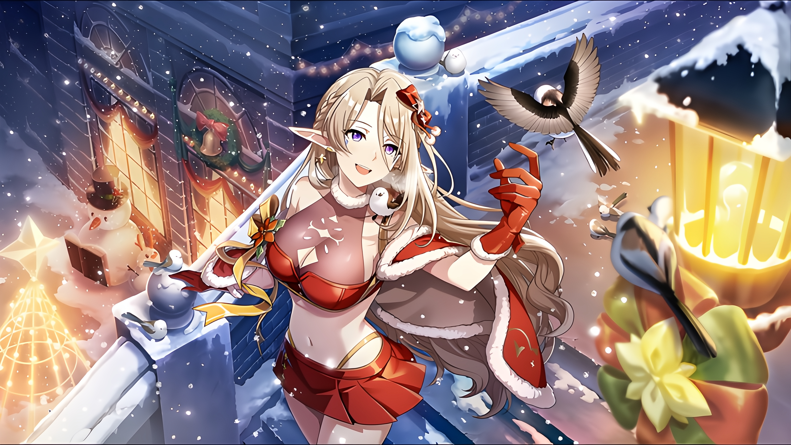 Anime 2560x1440 The Eminence in Shadow Beatrix (The Eminence in Shadow) snow red clothing smiling anime girls looking away long hair pointy ears cleavage big boobs skirt belly button snowing belly open mouth ash blonde purple eyes standing gloves skimpy clothes stairs birds animals building hair bows snowman lights