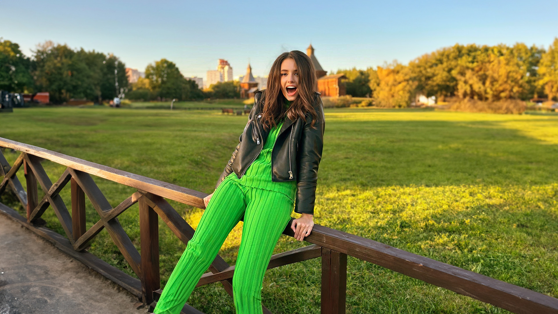 People 1920x1080 model grass nature brunette women open mouth leather jacket green clothing fence field women outdoors