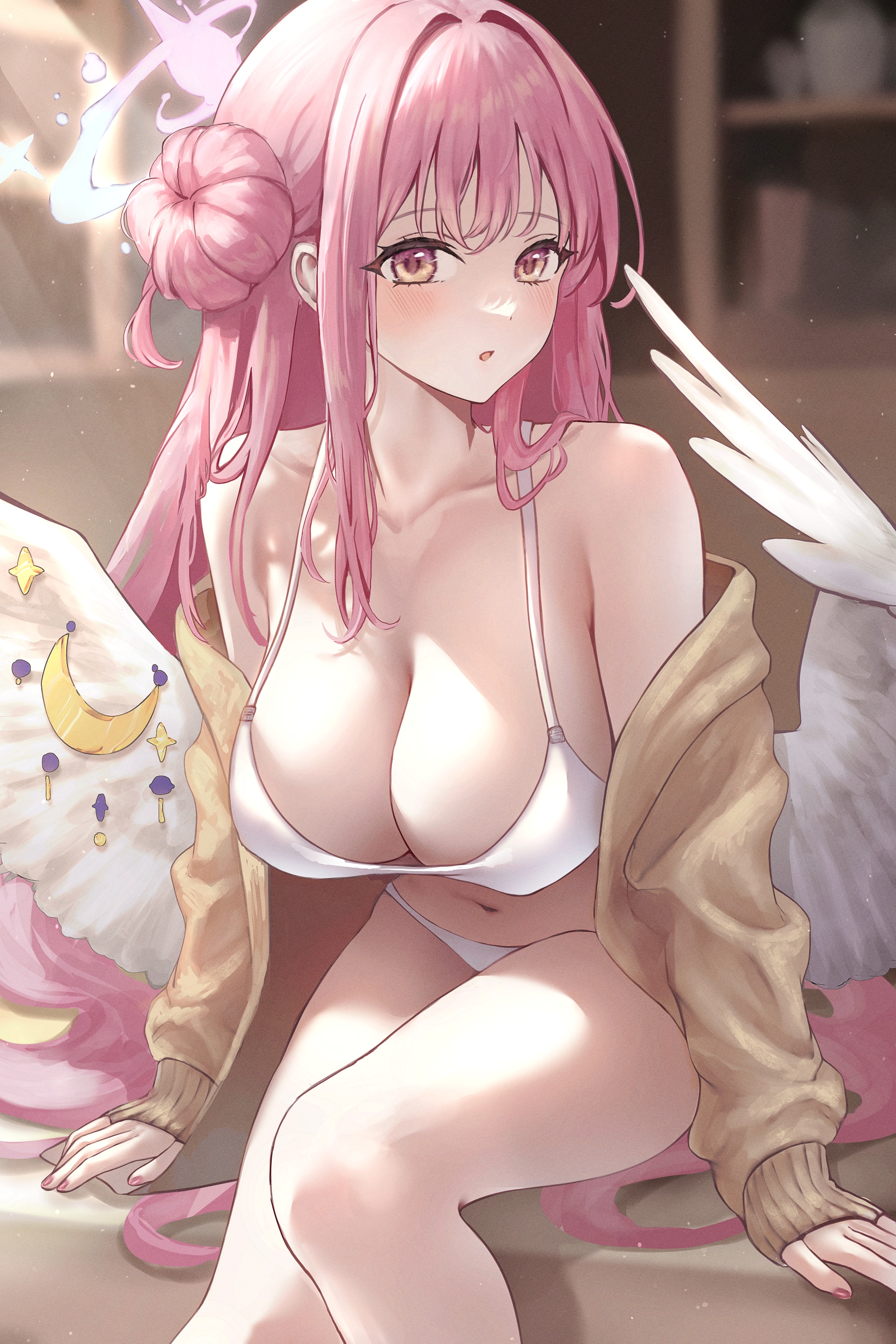 Anime 2333x3500 anime anime girls Misono Mika Blue Archive at congju portrait display looking at viewer hairbun sitting collarbone huge breasts cleavage long hair pink hair yellow eyes wings off shoulder bare shoulders open mouth blushing white bikini sunlight sweater yellow sweater bikini
